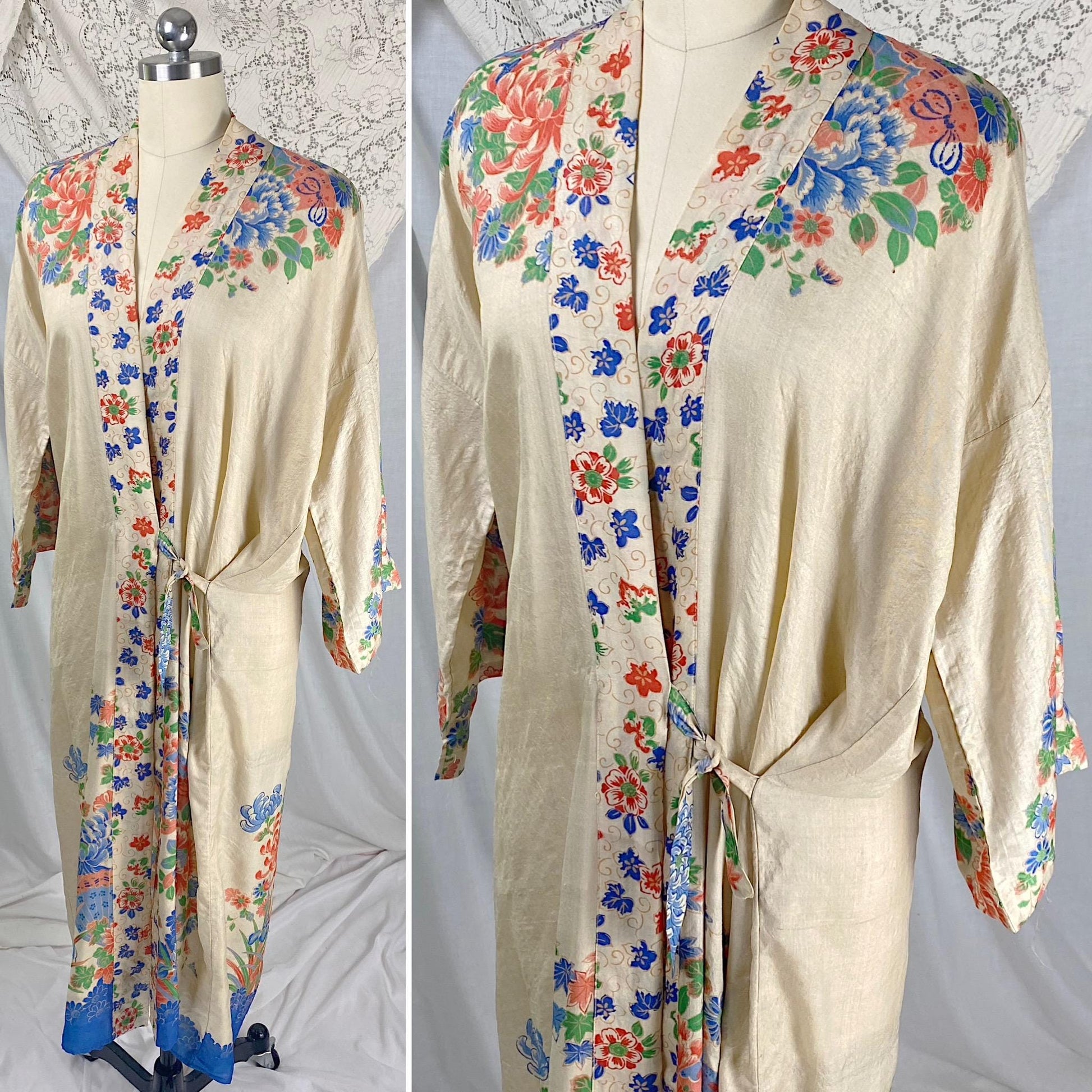 Vintage 1920's Japanese Robe | Natural Pongee Silk with Bold Floral Print & Side Tie | Size S, M, LG