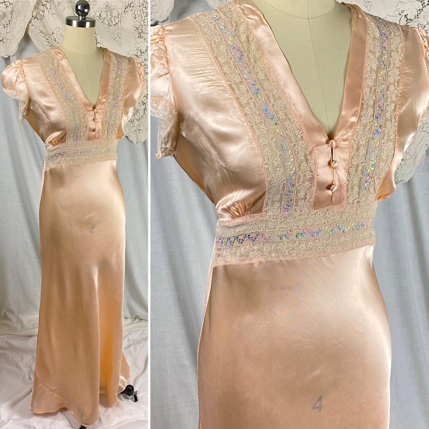 Vintage 1940's Nightgown | Rich Peach Rayon Satin with Embroidered Sheer Chiffon Inserts | Size S, M