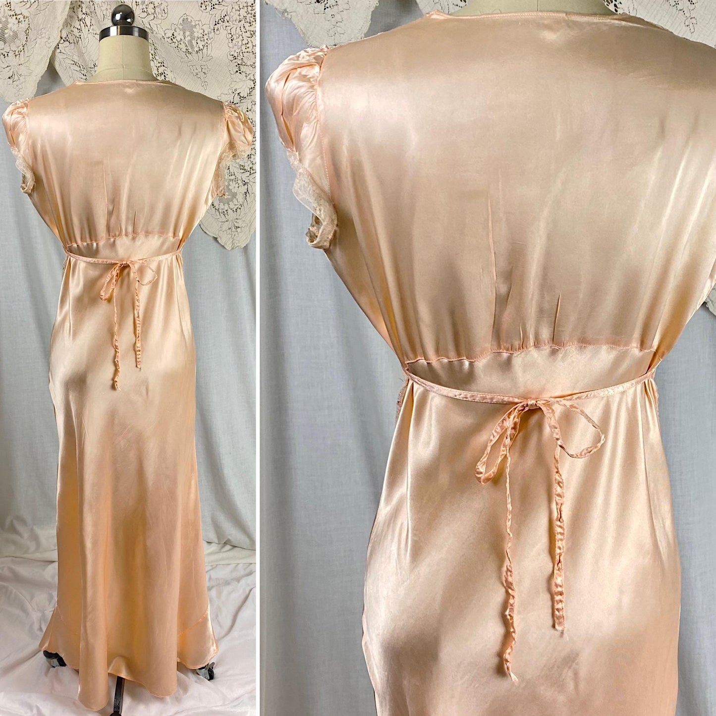 Vintage 1940's Nightgown | Rich Peach Rayon Satin with Embroidered Sheer Chiffon Inserts | Size S, M