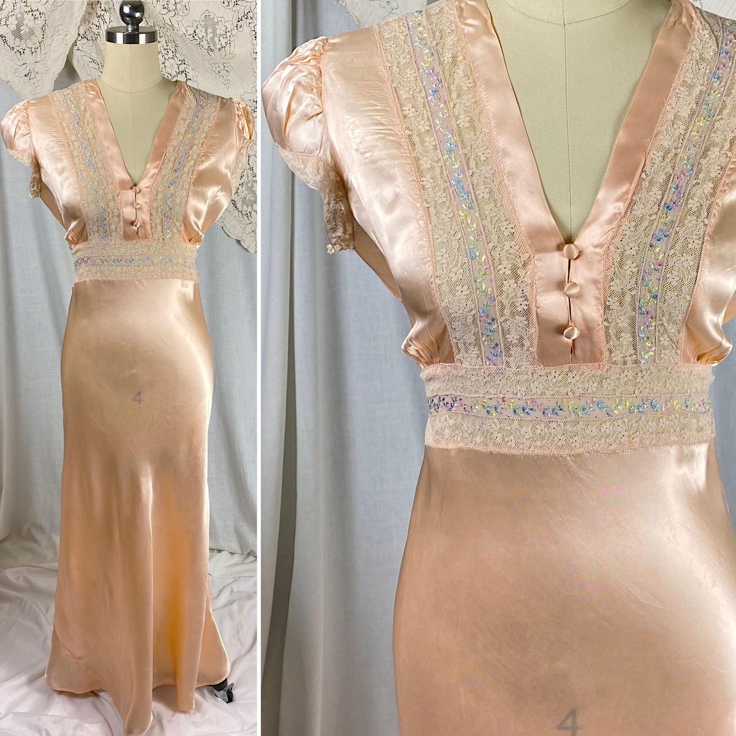 Vintage 1940's Nightgown | Rich Peach Rayon Satin with Embroidered Sheer Chiffon Inserts | Size S, M