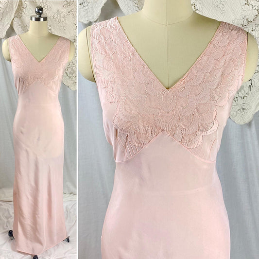 Vintage 1930's Nightgown | Hand Stitched Baby Pink Silk with Intricate Art Deco Embroidered Bodice | Size XS | Never Worn
