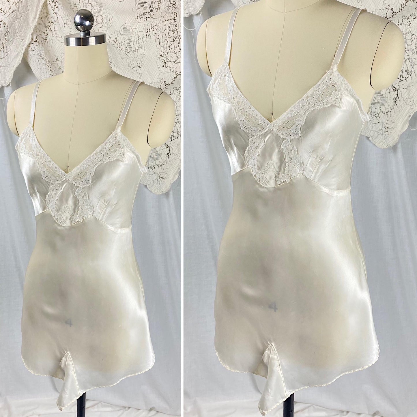 Vintage 1940's Teddy Chemise | Pearlescent White Rayon Satin with Cotton Lace | Size XS | Lynn Loring Lingerie - Never Worn, with Tags