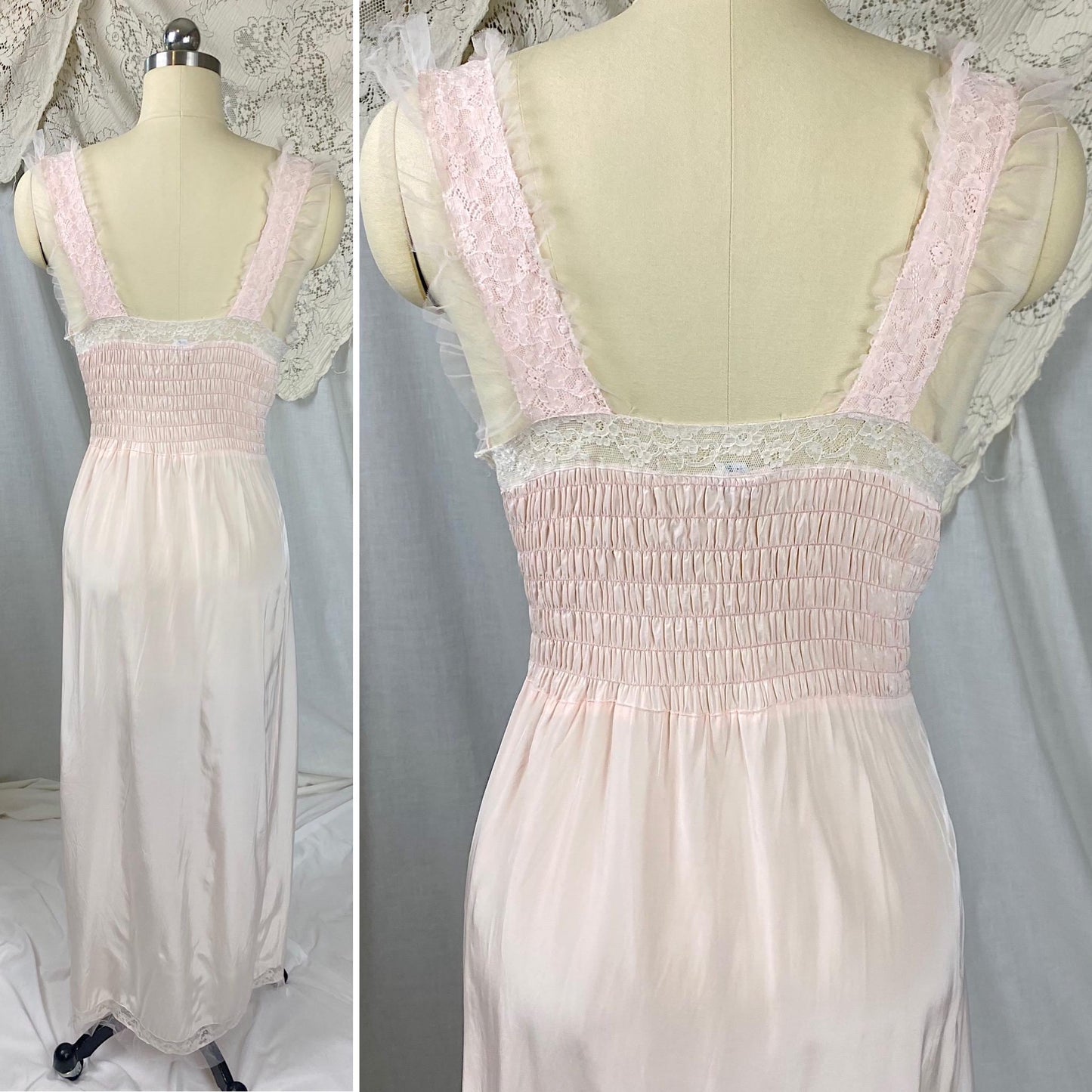 Vintage 1940's - 1950's Nightgown | Baby Pink Rayon with Cotton Lace & Ruffled Tulle | Size S, M | By Godfried