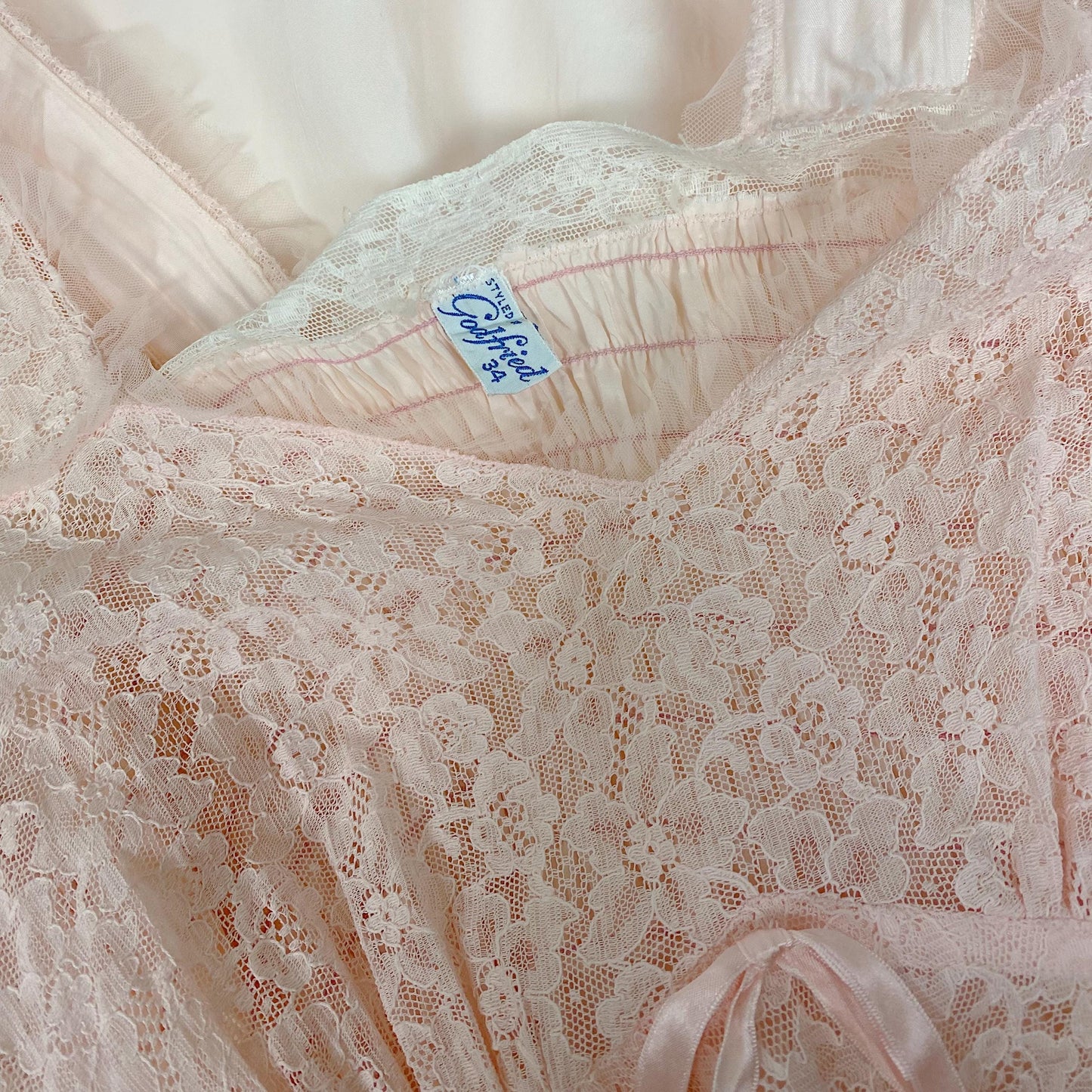 Vintage 1940's - 1950's Nightgown | Baby Pink Rayon with Cotton Lace & Ruffled Tulle | Size S, M | By Godfried