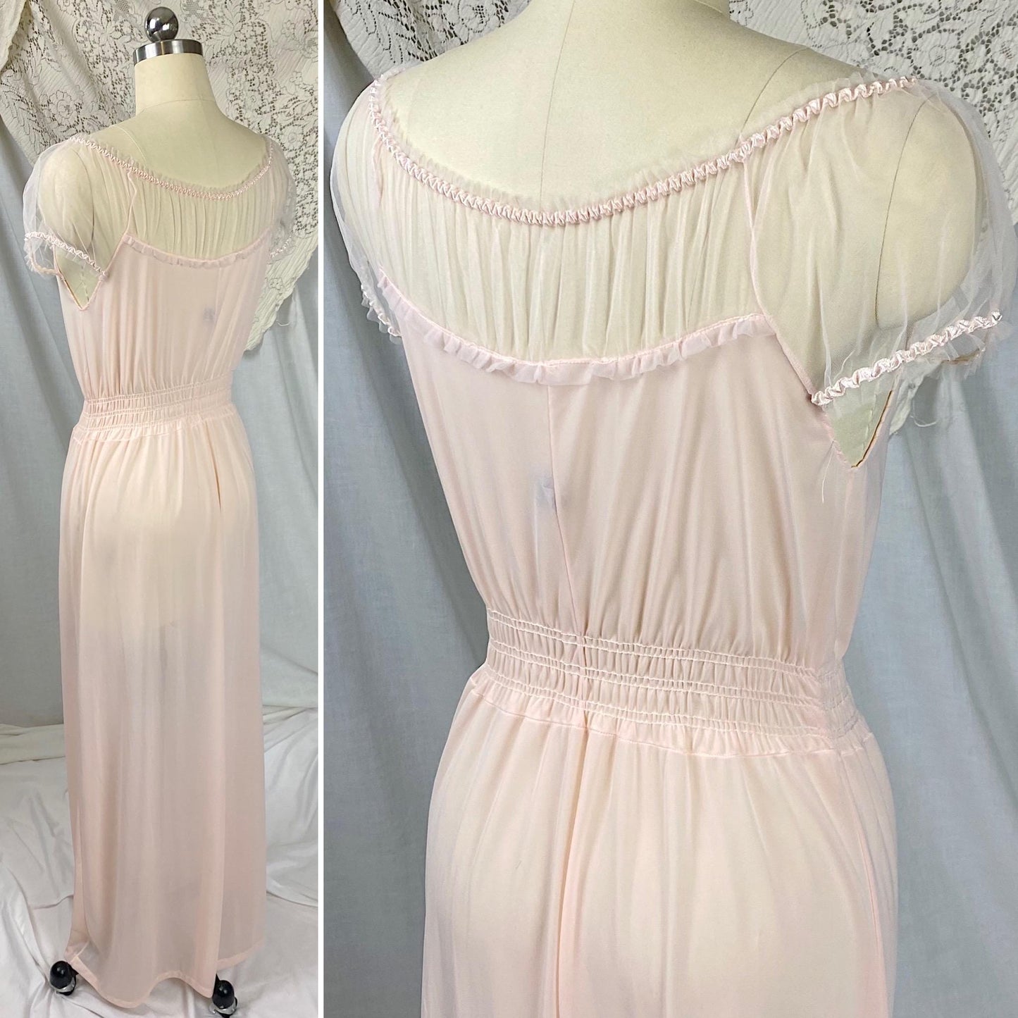 Vintage 1950's Nightgown | Light Rose Pink Nylon with Sheer Tulle & Puffed Sleeves | Size S, M | By Binstron