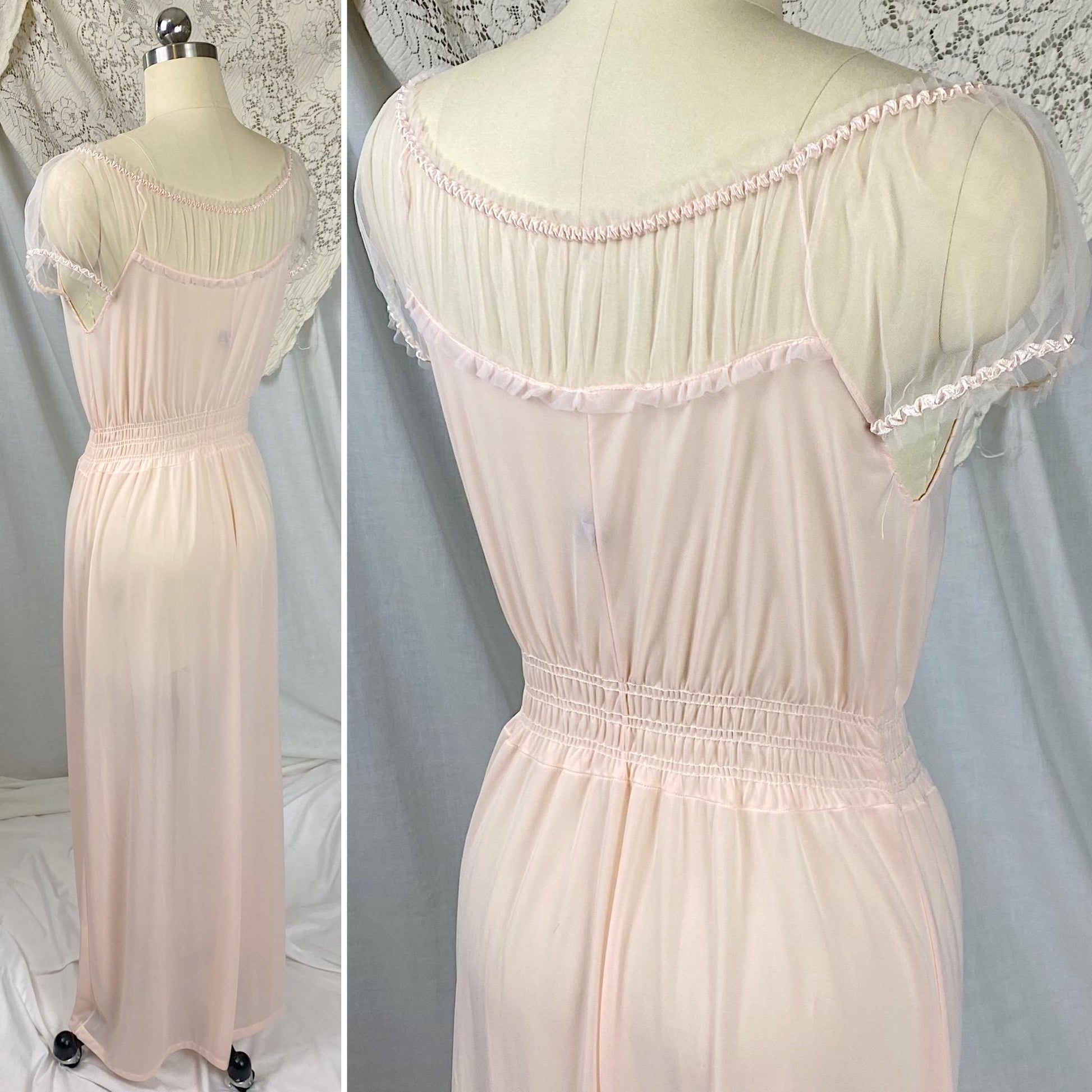 Vintage 1950's Nightgown | Light Rose Pink Nylon with Sheer Tulle & Puffed Sleeves | Size S, M | By Binstron