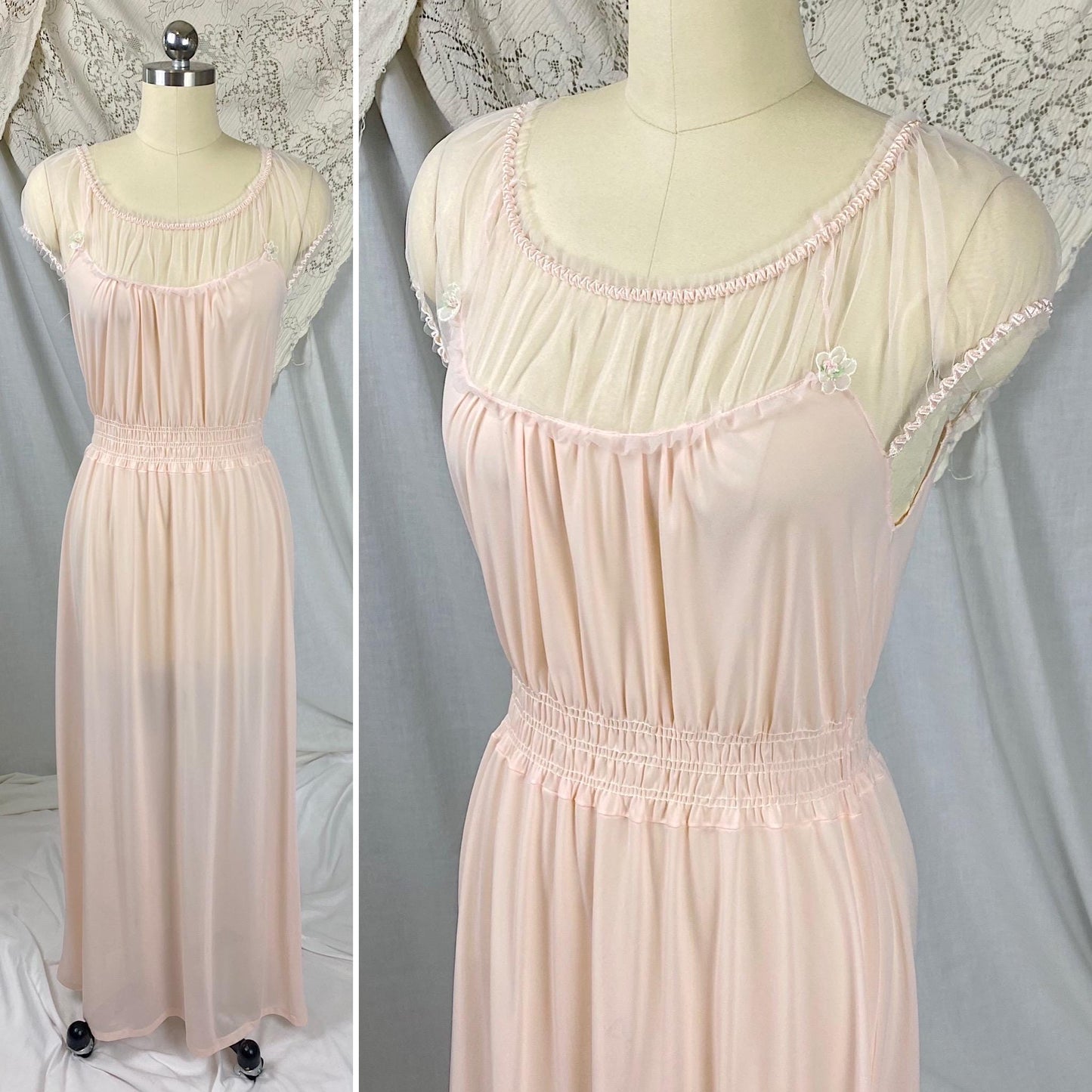 Vintage 1950's Nightgown | Light Rose Pink Nylon with Sheer Tulle & Puffed Sleeves | Size S, M | By Binstron