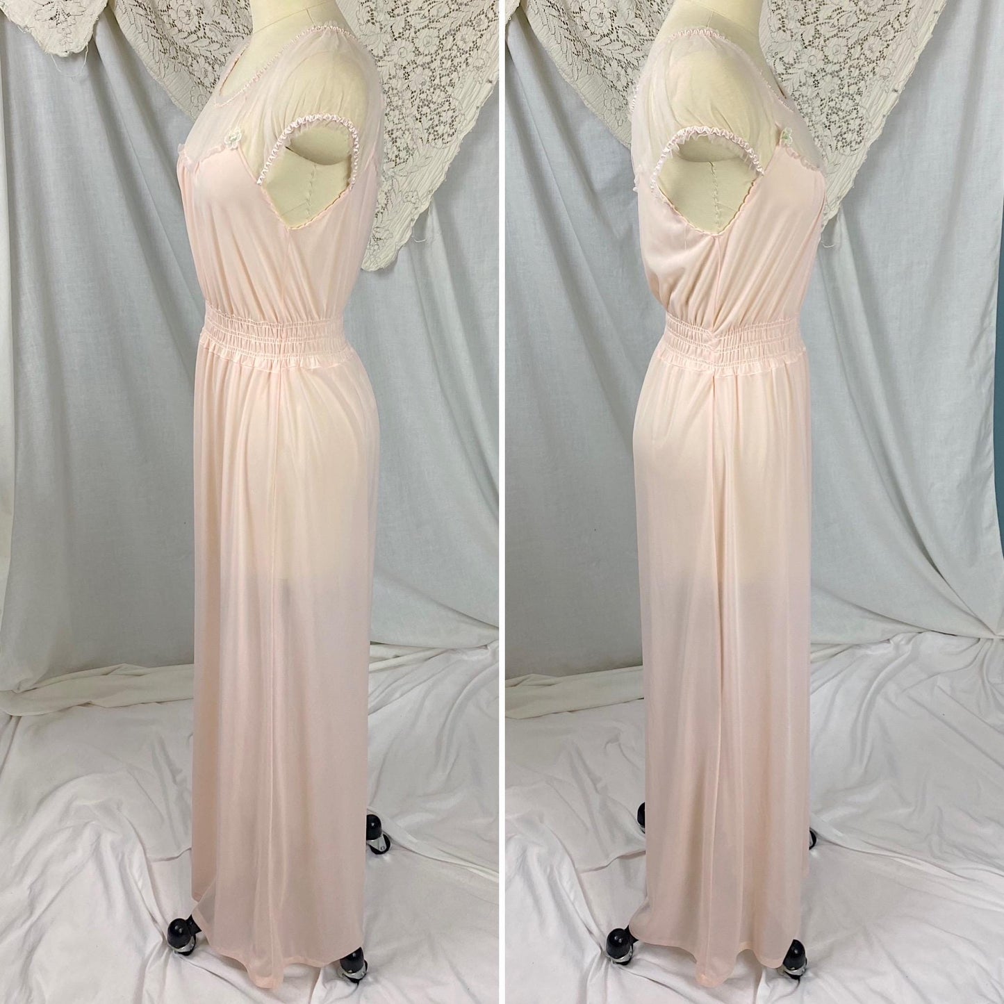 Vintage 1950's Nightgown | Light Rose Pink Nylon with Sheer Tulle & Puffed Sleeves | Size S, M | By Binstron