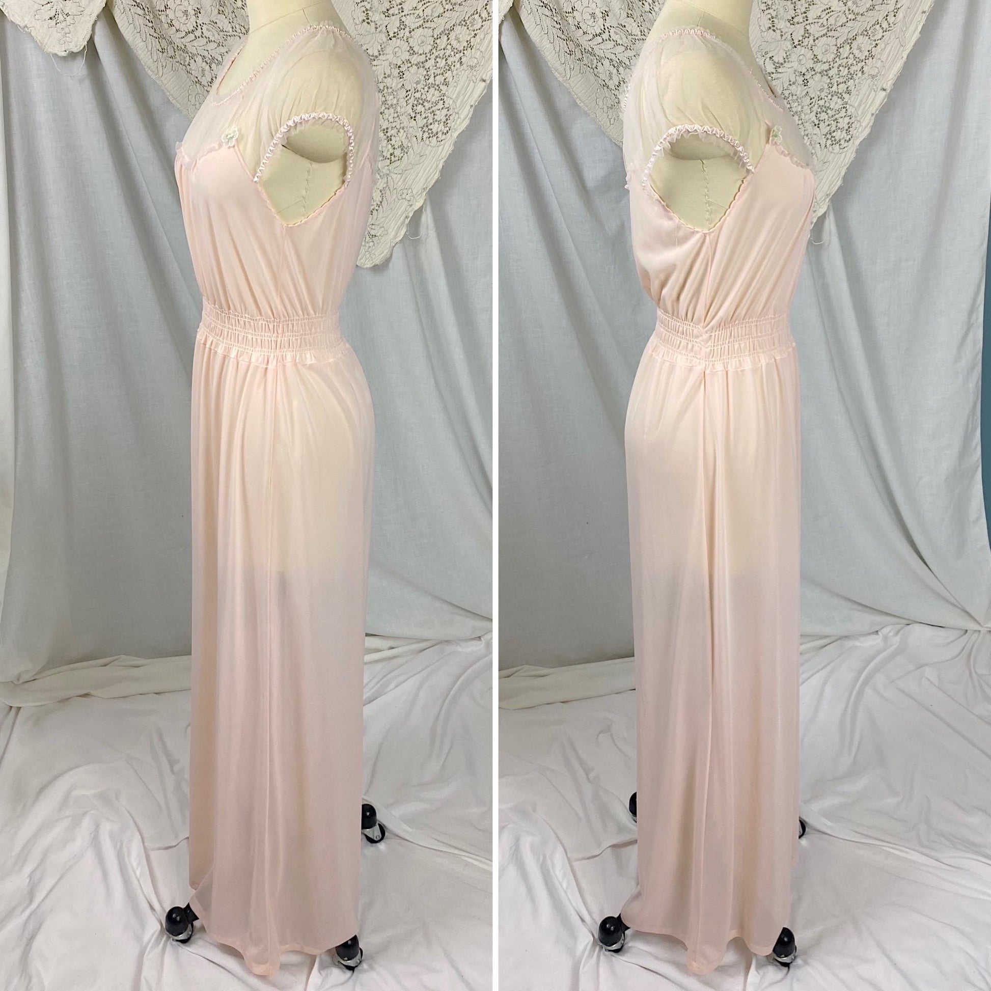 Vintage 1950's Nightgown | Light Rose Pink Nylon with Sheer Tulle & Puffed Sleeves | Size S, M | By Binstron