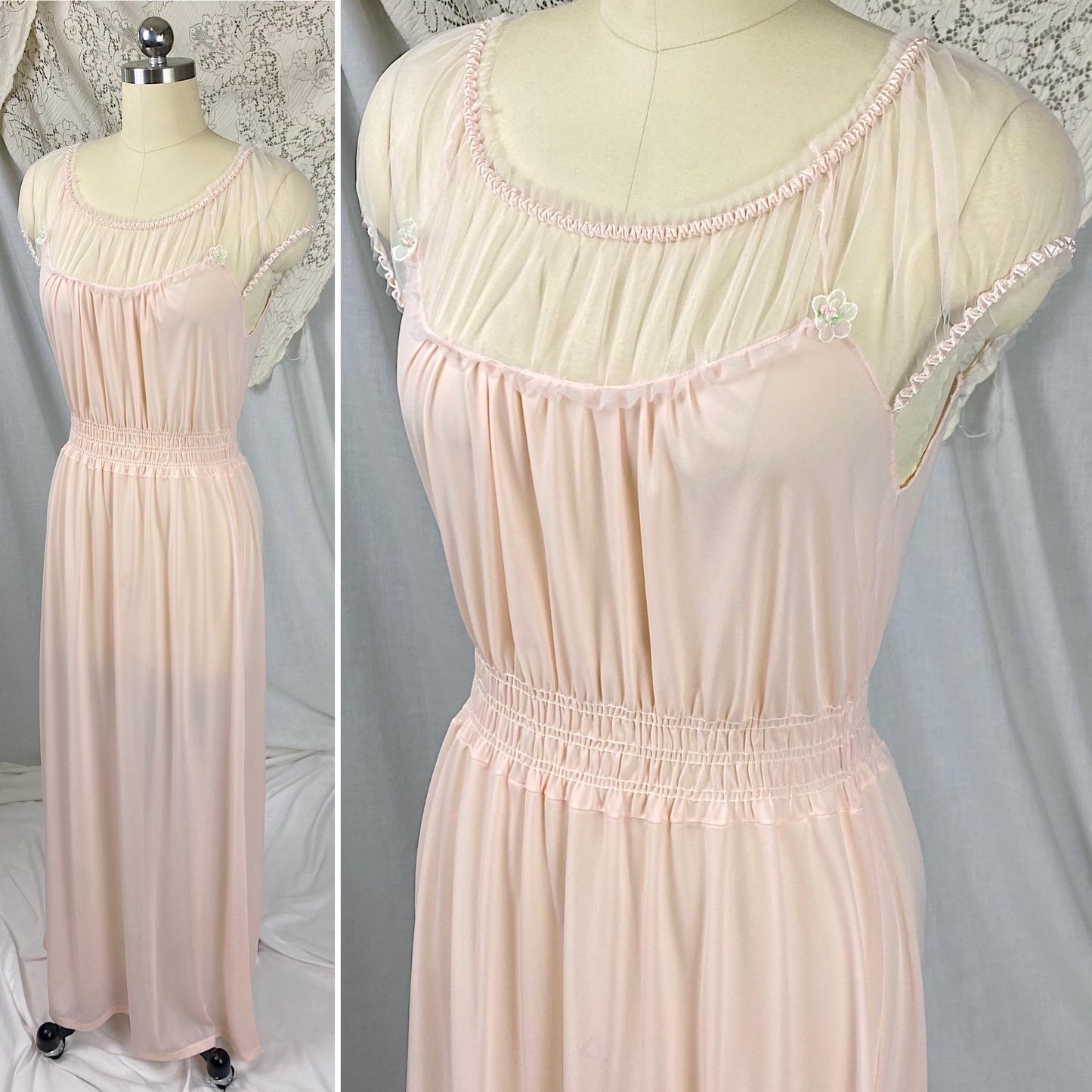 Vintage 1950's Nightgown | Light Rose Pink Nylon with Sheer Tulle & Puffed Sleeves | Size S, M | By Binstron