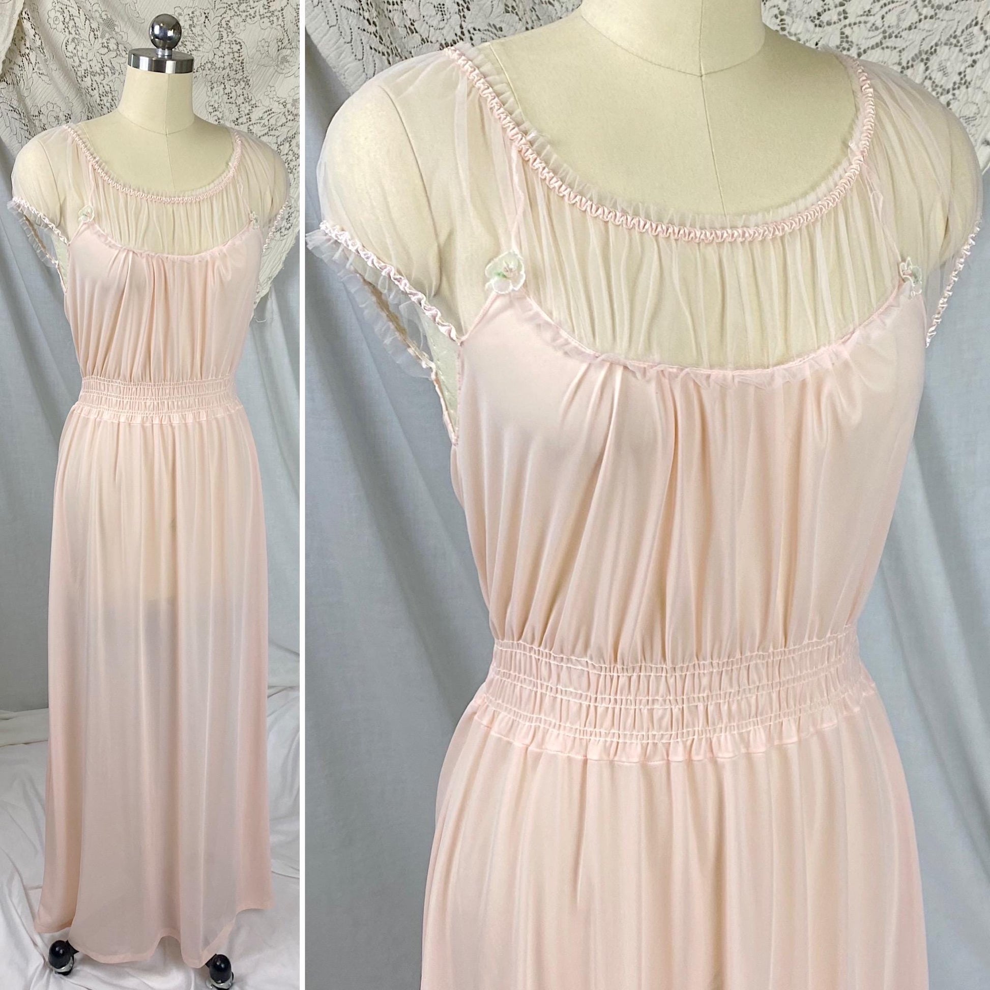 Vintage 1950's Nightgown | Light Rose Pink Nylon with Sheer Tulle & Puffed Sleeves | Size S, M | By Binstron