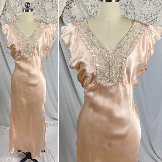 Vintage 1940's Nightgown | Rose Gold Pink Rayon Satin with Ecru Cotton Lace & Woven Ribbon Detail | Size S, M