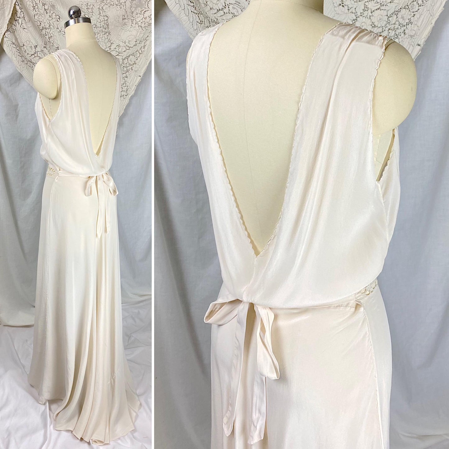 Vintage 1920's - 1930's Nightgown | Bone White Silk with Blouson Bodice & Floral Cutouts | Size S, M