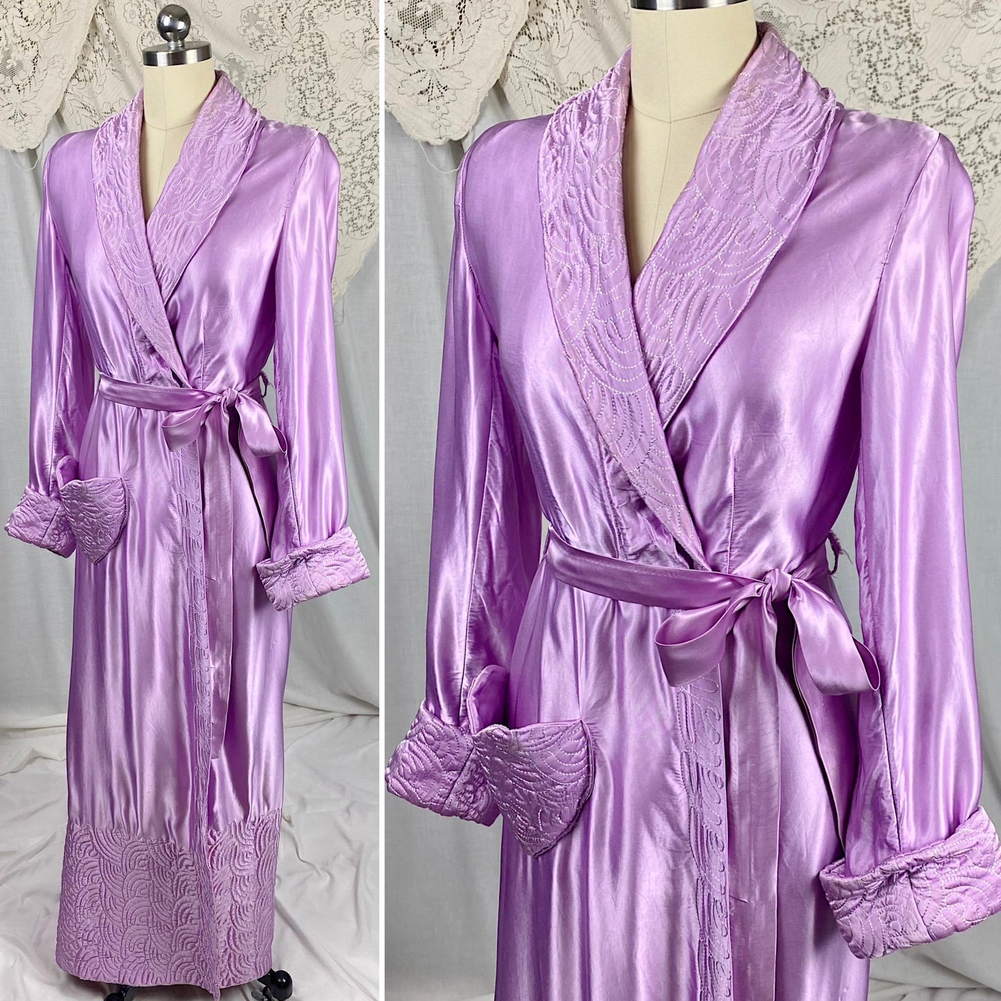 Vintage 1940's Robe | Lilac Purple Rayon Satin with Trapunto Stitching | Size S, M