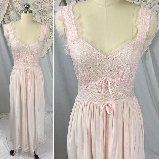 Vintage 1940's - 1950's Nightgown | Baby Pink Rayon with Cotton Lace & Ruffled Tulle | Size S, M | By Godfried