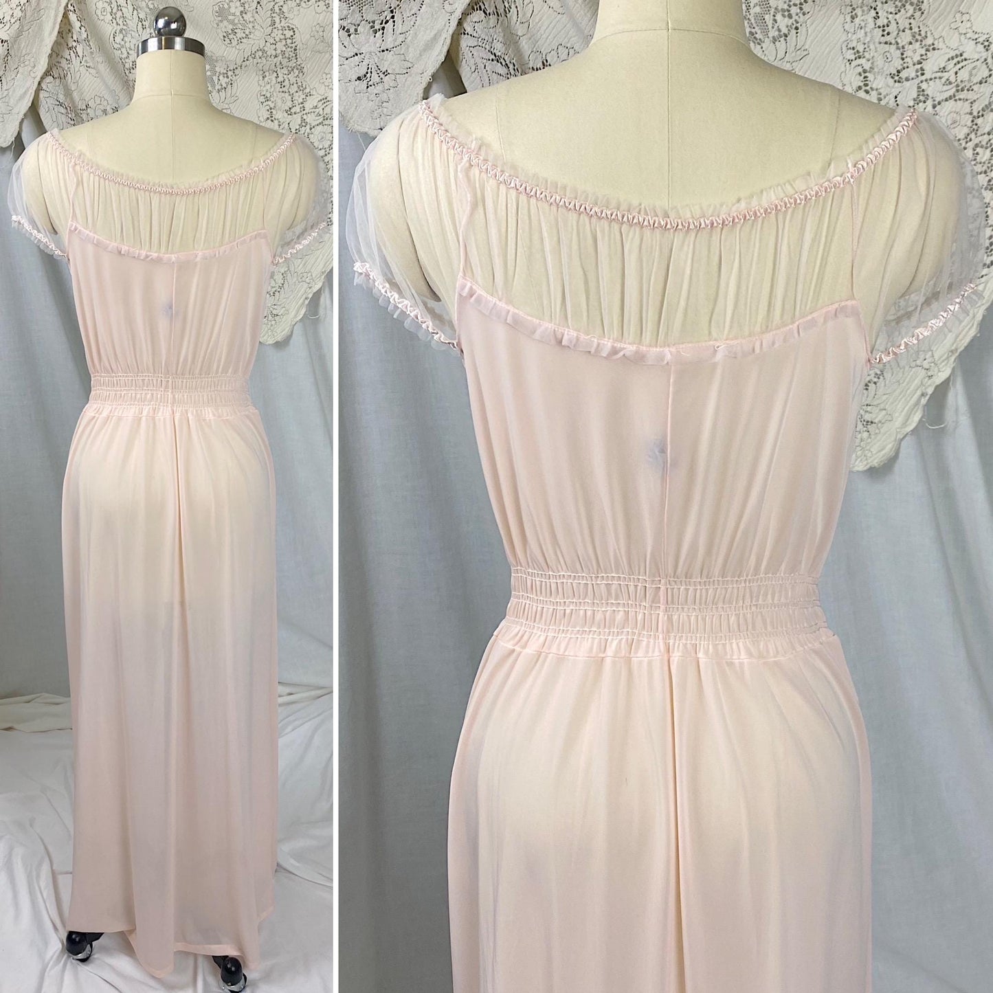 Vintage 1950's Nightgown | Light Rose Pink Nylon with Sheer Tulle & Puffed Sleeves | Size S, M | By Binstron