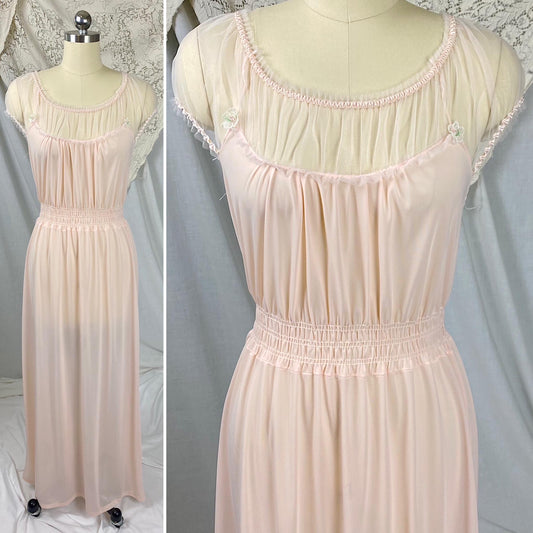 Vintage 1950's Nightgown | Light Rose Pink Nylon with Sheer Tulle & Puffed Sleeves | Size S, M | By Binstron