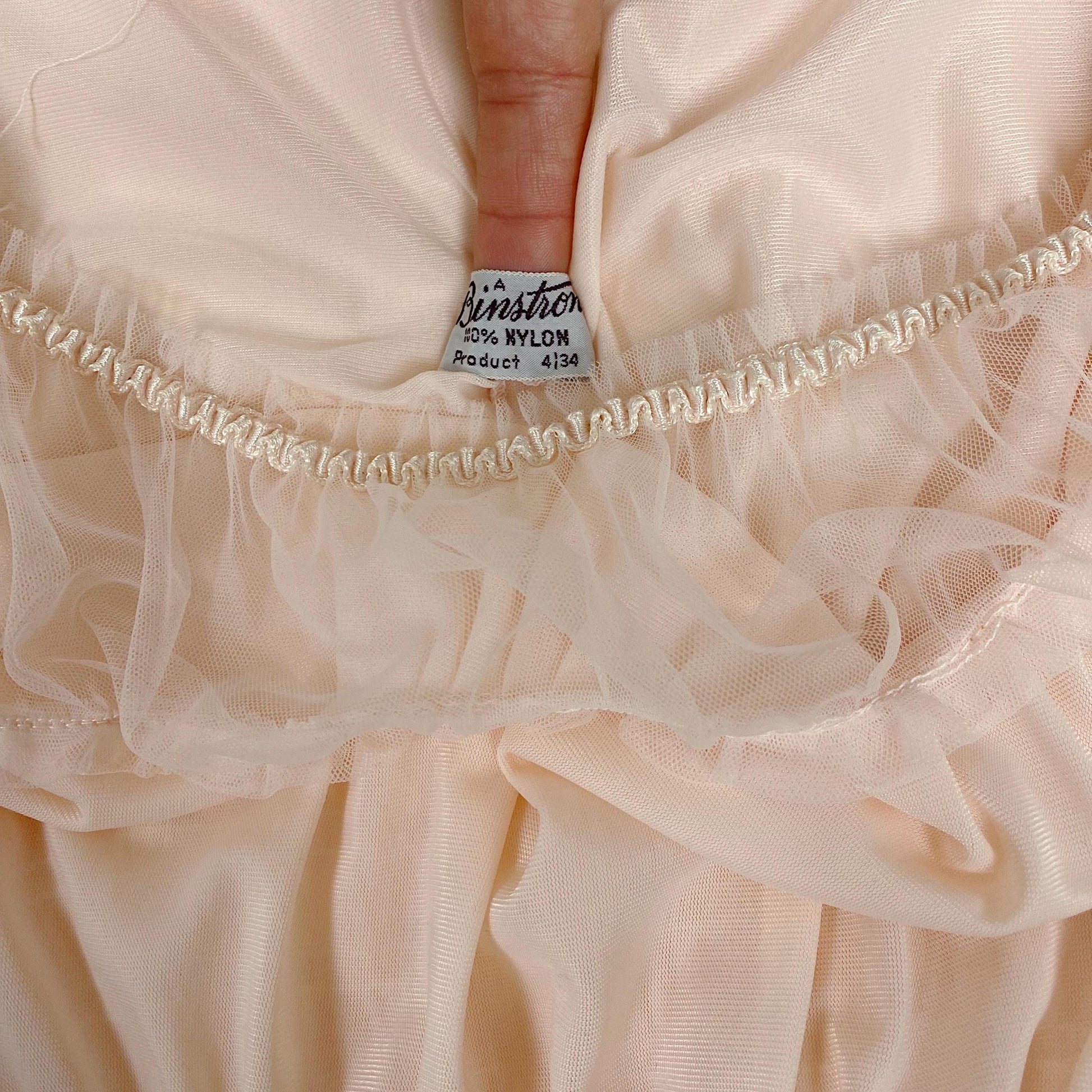 Vintage 1950's Nightgown | Light Rose Pink Nylon with Sheer Tulle & Puffed Sleeves | Size S, M | By Binstron