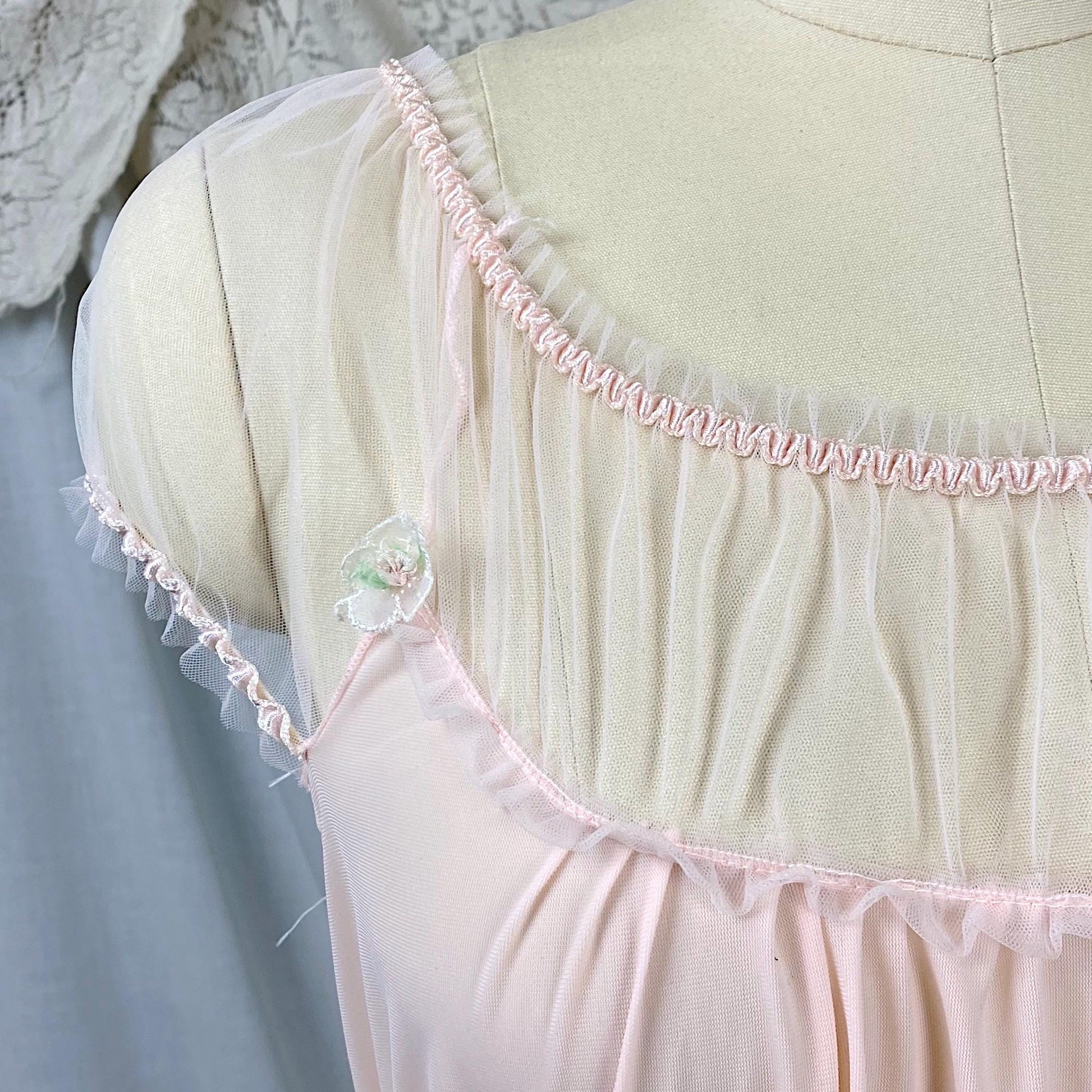 Vintage 1950's Nightgown | Light Rose Pink Nylon with Sheer Tulle & Puffed Sleeves | Size S, M | By Binstron