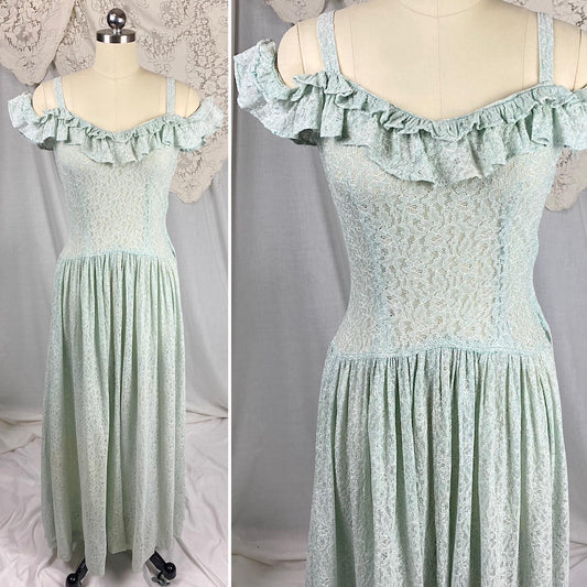 Vintage 1940's Maxi Dress | Seafoam Green Floral Cotton Lace with Ruffled Cold Shoulder | Size XS, S