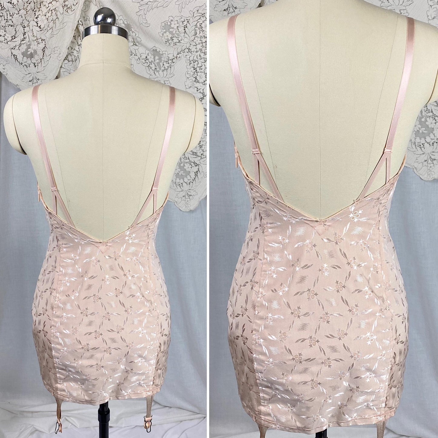 Vintage 1940's - 1950's All in One Girdle | Two Tone Powder & Blush Pink Rayon Satin Damask with Velvet Backing | Size S, M | By Blair