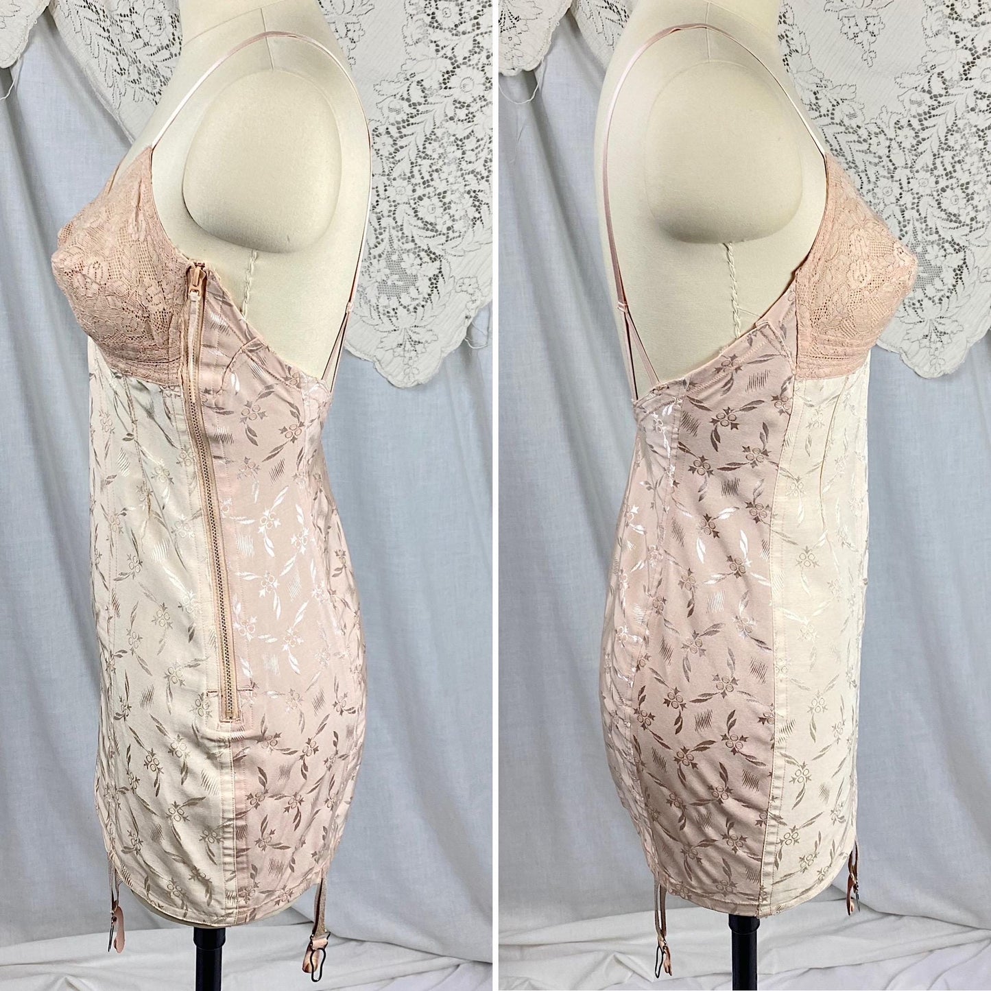 Vintage 1940's - 1950's All in One Girdle | Two Tone Powder & Blush Pink Rayon Satin Damask with Velvet Backing | Size S, M | By Blair