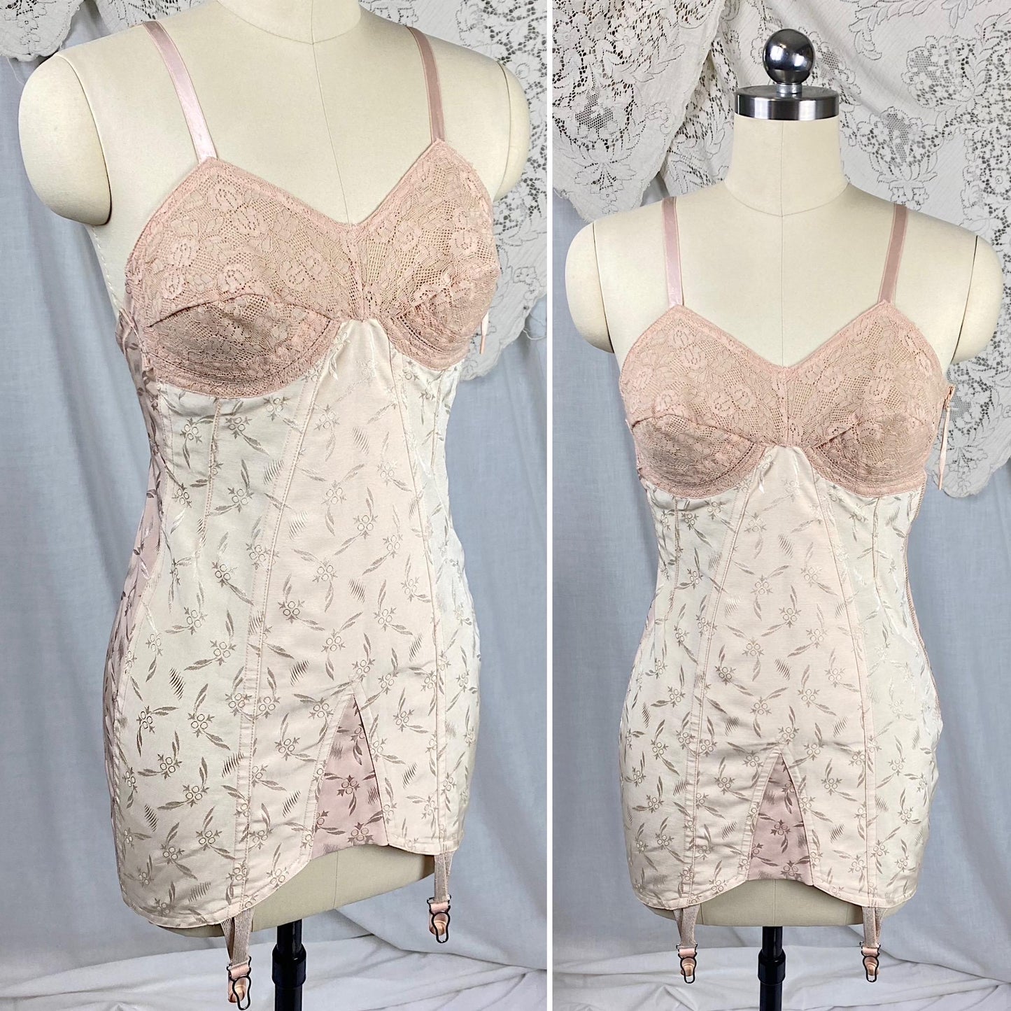 Vintage 1940's - 1950's All in One Girdle | Two Tone Powder & Blush Pink Rayon Satin Damask with Velvet Backing | Size S, M | By Blair
