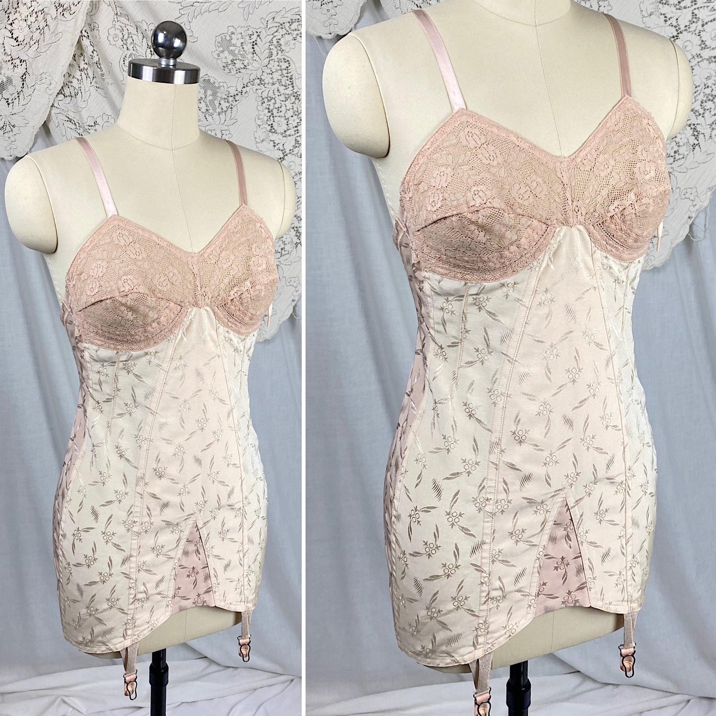 Vintage 1940's - 1950's All in One Girdle | Two Tone Powder & Blush Pink Rayon Satin Damask with Velvet Backing | Size S, M | By Blair