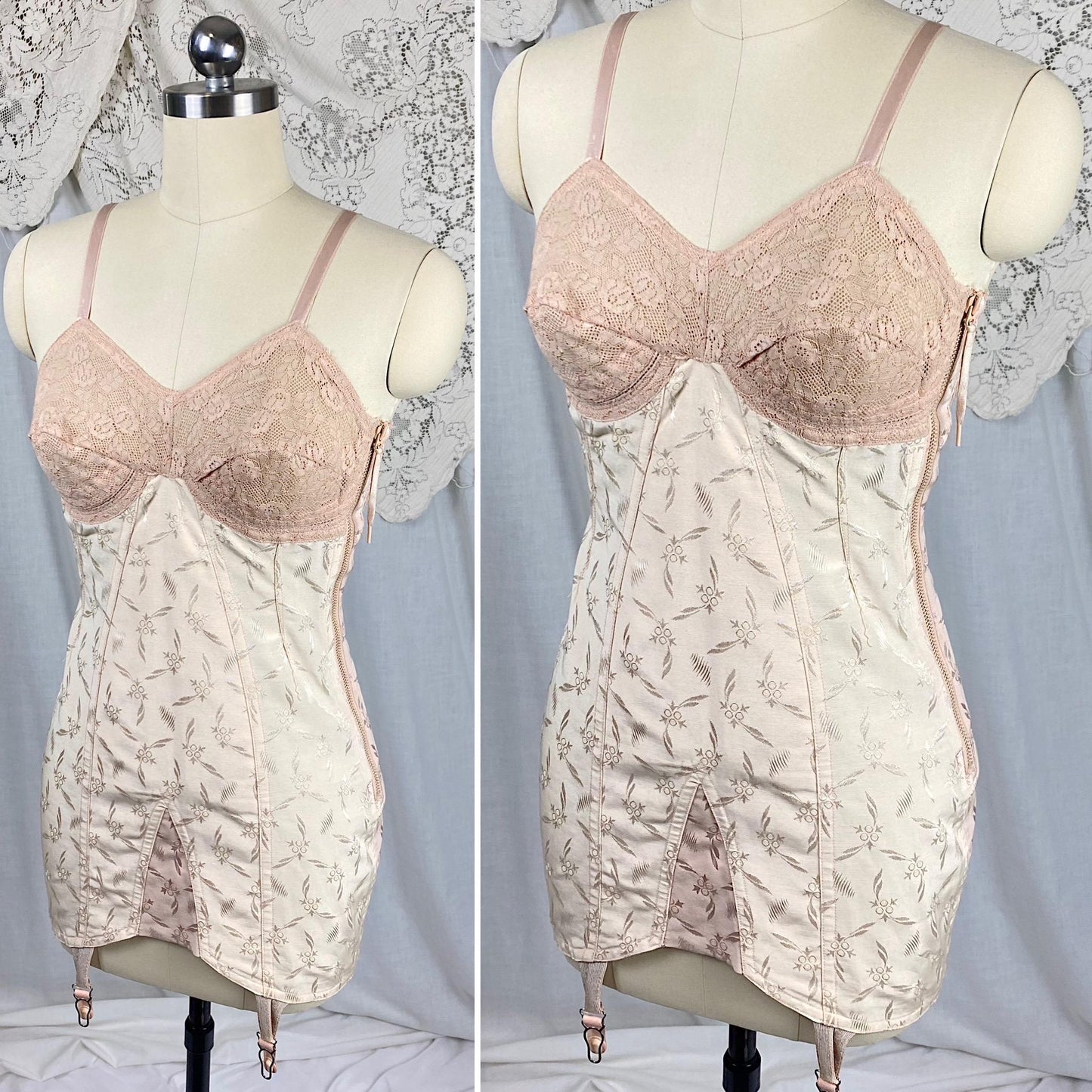 Vintage 1940's - 1950's All in One Girdle | Two Tone Powder & Blush Pink Rayon Satin Damask with Velvet Backing | Size S, M | By Blair