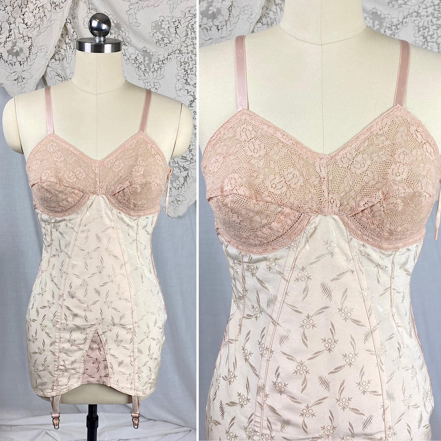 Vintage 1940's - 1950's All in One Girdle | Two Tone Powder & Blush Pink Rayon Satin Damask with Velvet Backing | Size S, M | By Blair