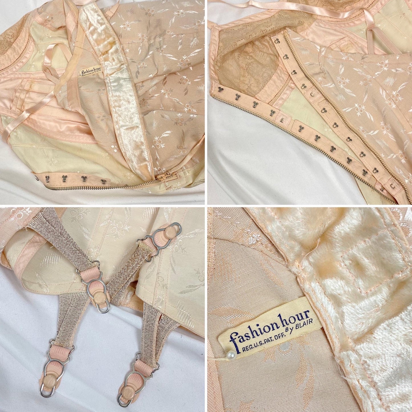 Vintage 1940's - 1950's All in One Girdle | Two Tone Powder & Blush Pink Rayon Satin Damask with Velvet Backing | Size S, M | By Blair