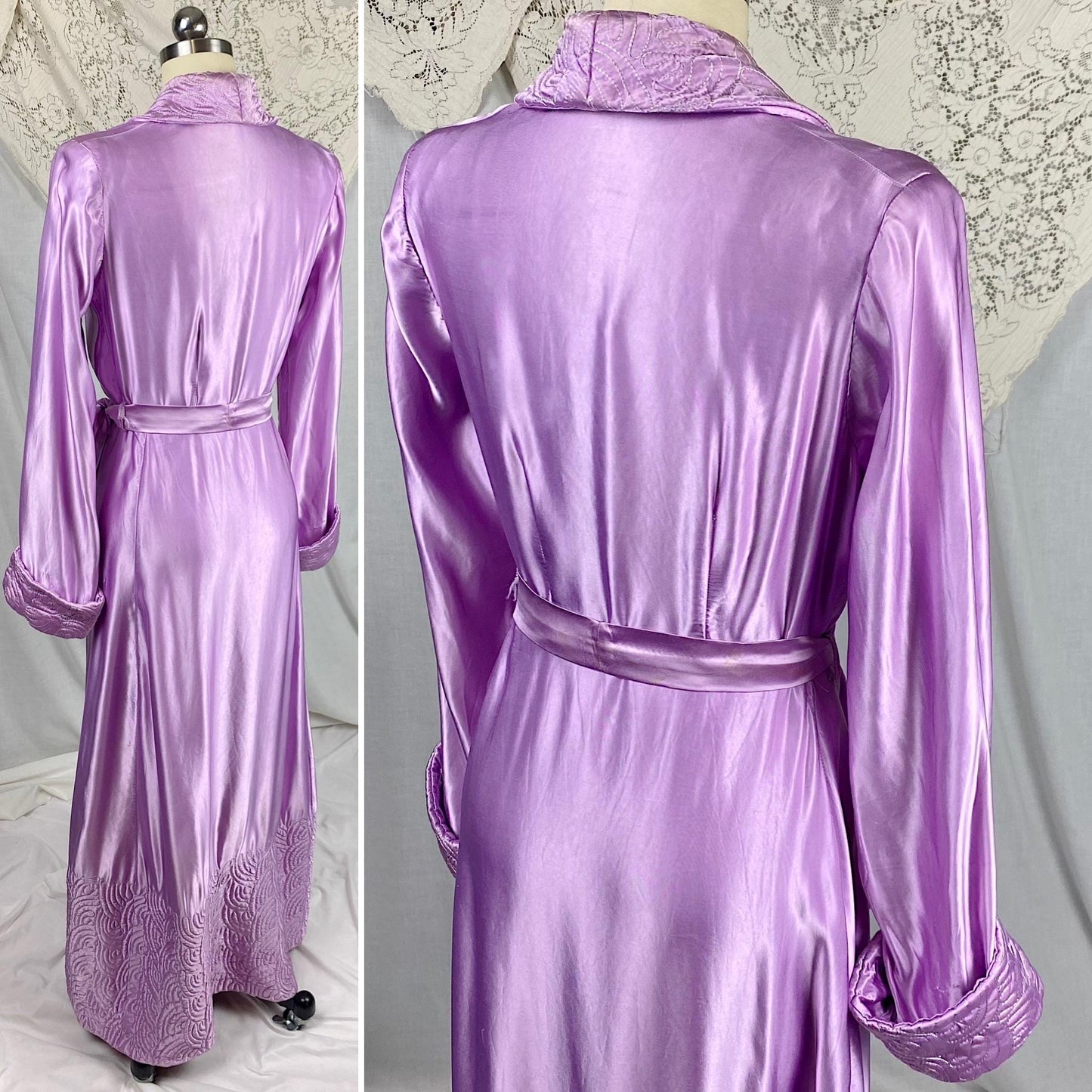 Vintage 1940's Robe | Lilac Purple Rayon Satin with Trapunto Stitching | Size S, M