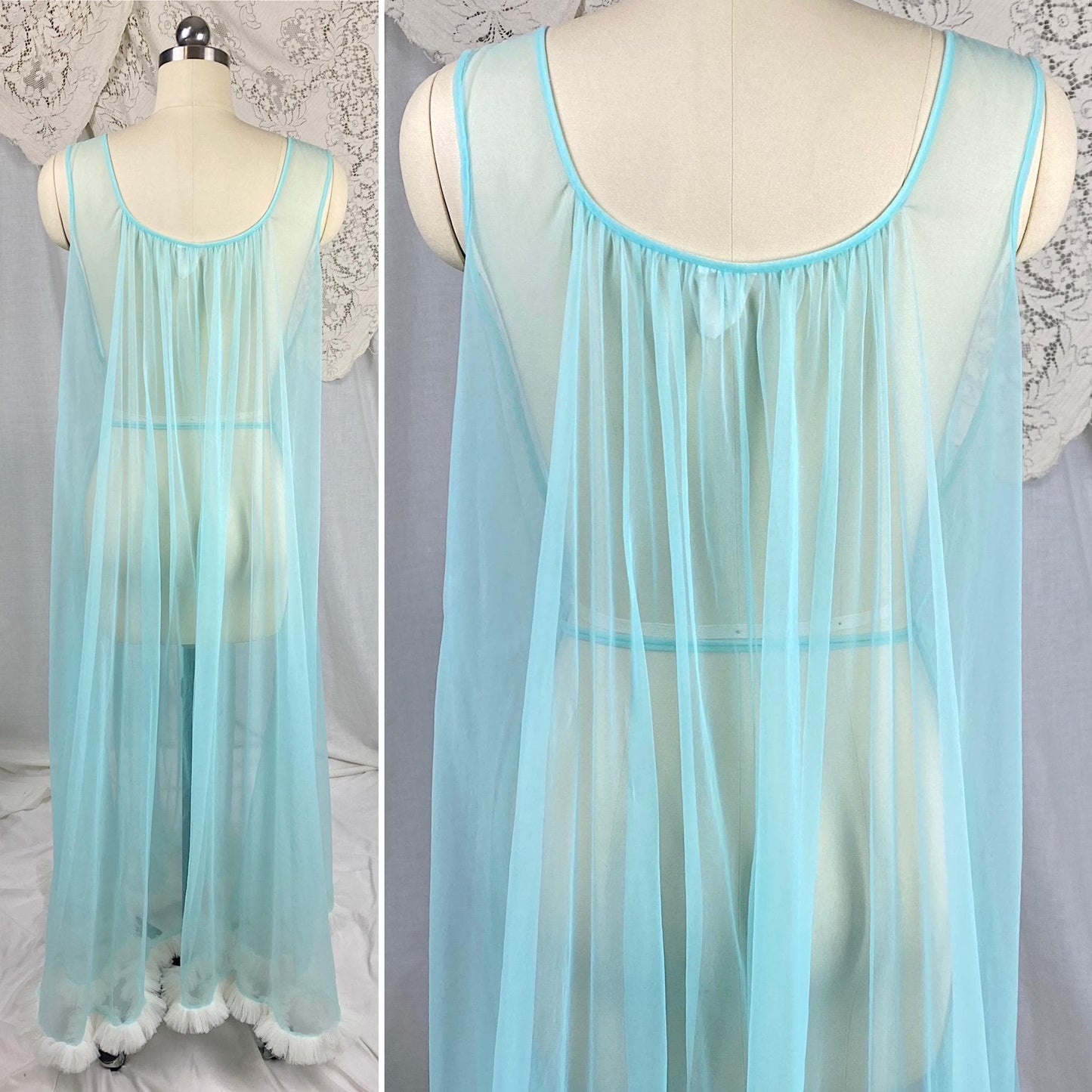 Vintage 1960's Nightgown | Sheer Sky Blue Nylon Chiffon with White Ruffled Tulle & Pom Pom Sash | Size S, M, LG, XLG