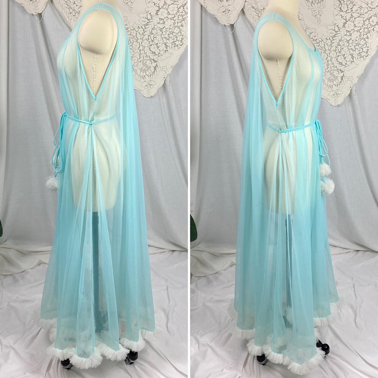 Vintage 1960's Nightgown | Sheer Sky Blue Nylon Chiffon with White Ruffled Tulle & Pom Pom Sash | Size S, M, LG, XLG