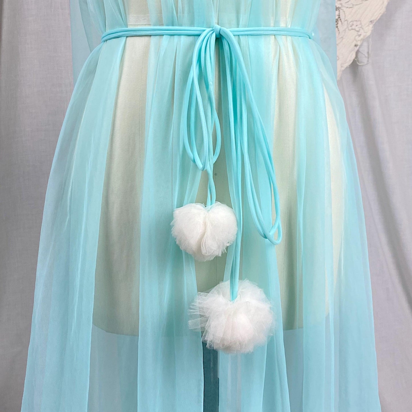 Vintage 1960's Nightgown | Sheer Sky Blue Nylon Chiffon with White Ruffled Tulle & Pom Pom Sash | Size S, M, LG, XLG