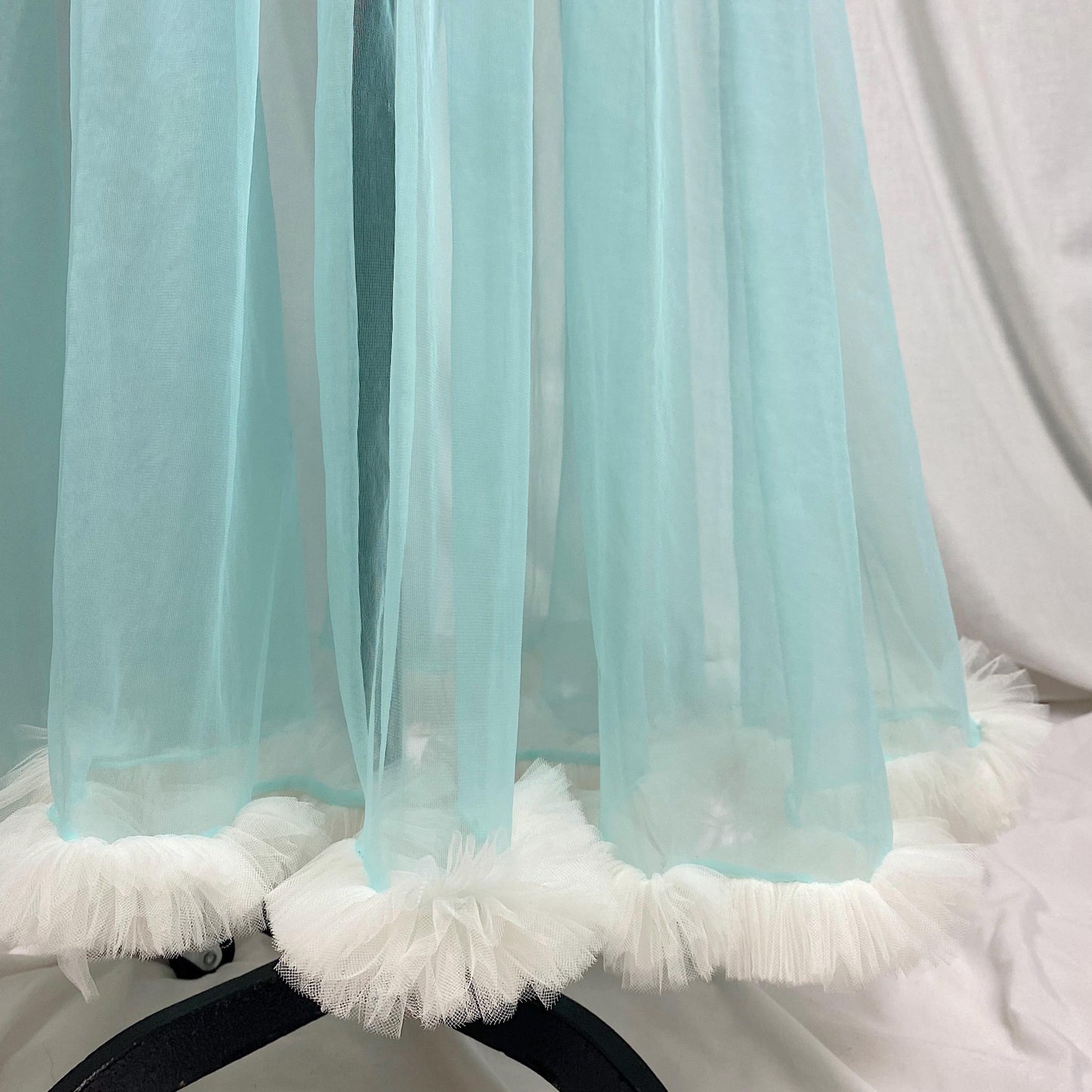 Vintage 1960's Nightgown | Sheer Sky Blue Nylon Chiffon with White Ruffled Tulle & Pom Pom Sash | Size S, M, LG, XLG