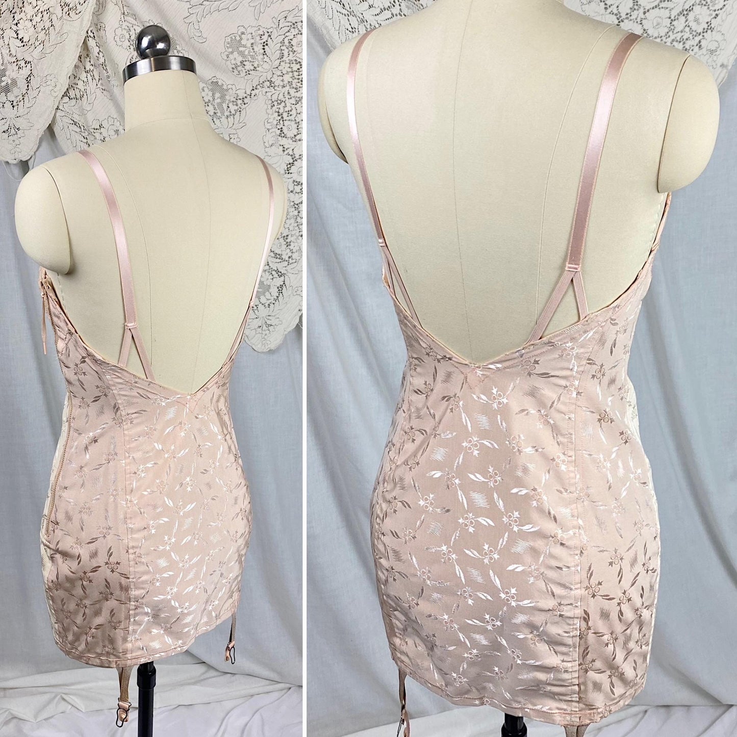Vintage 1940's - 1950's All in One Girdle | Two Tone Powder & Blush Pink Rayon Satin Damask with Velvet Backing | Size S, M | By Blair