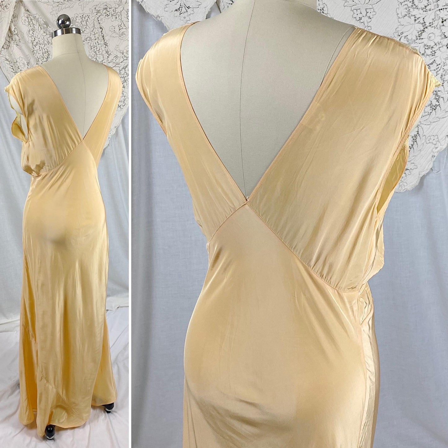 Vintage 1940's Nightgown | Bold Golden Melon Hue Rayon with Scalloped Cotton Lace | Size S, M | By Lady Edso
