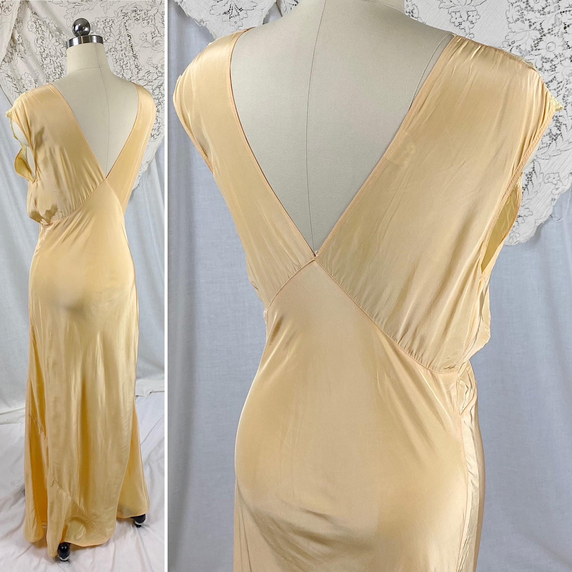 Vintage 1940's Nightgown | Bold Golden Melon Hue Rayon with Scalloped Cotton Lace | Size S, M | By Lady Edso