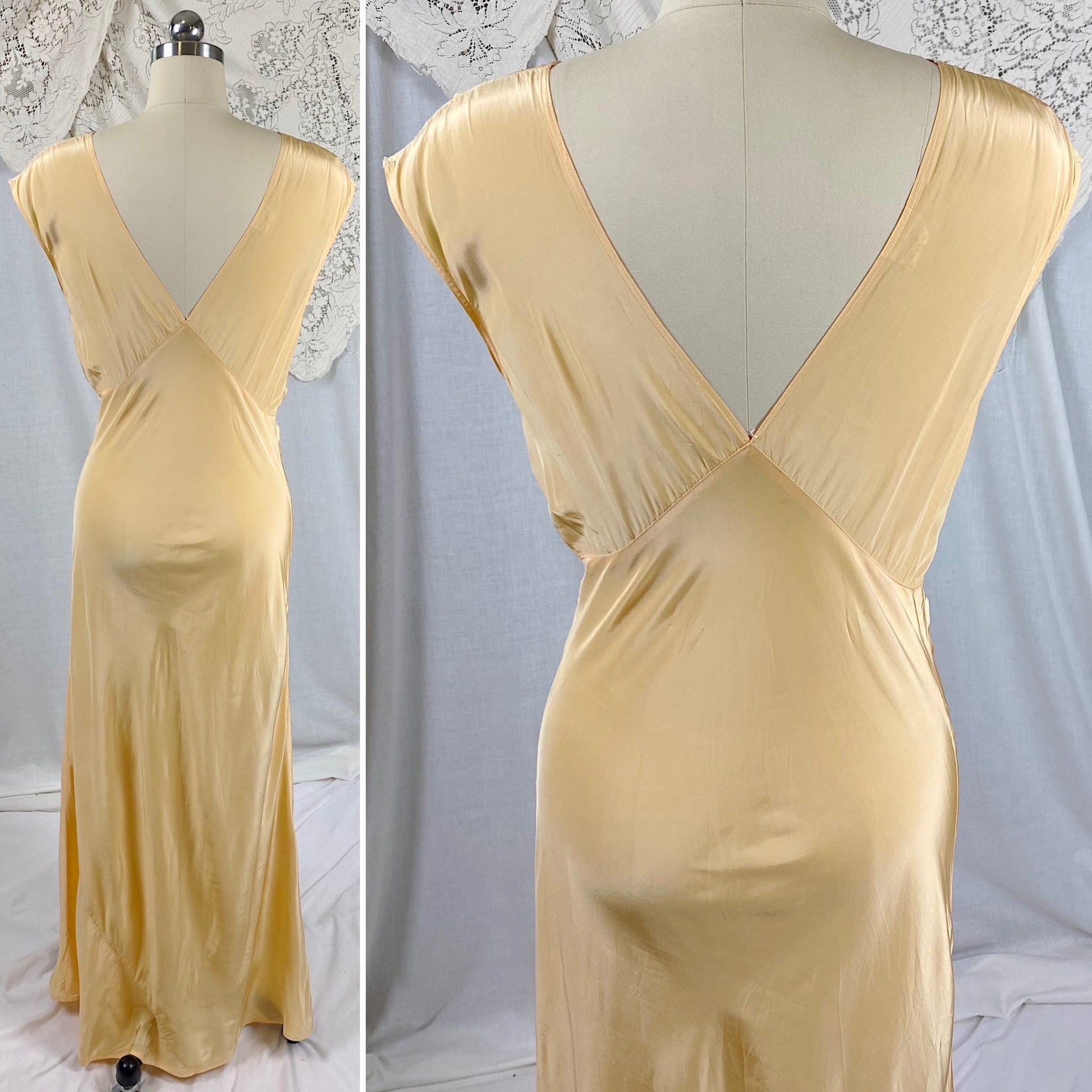 Vintage 1940's Nightgown | Bold Golden Melon Hue Rayon with Scalloped Cotton Lace | Size S, M | By Lady Edso