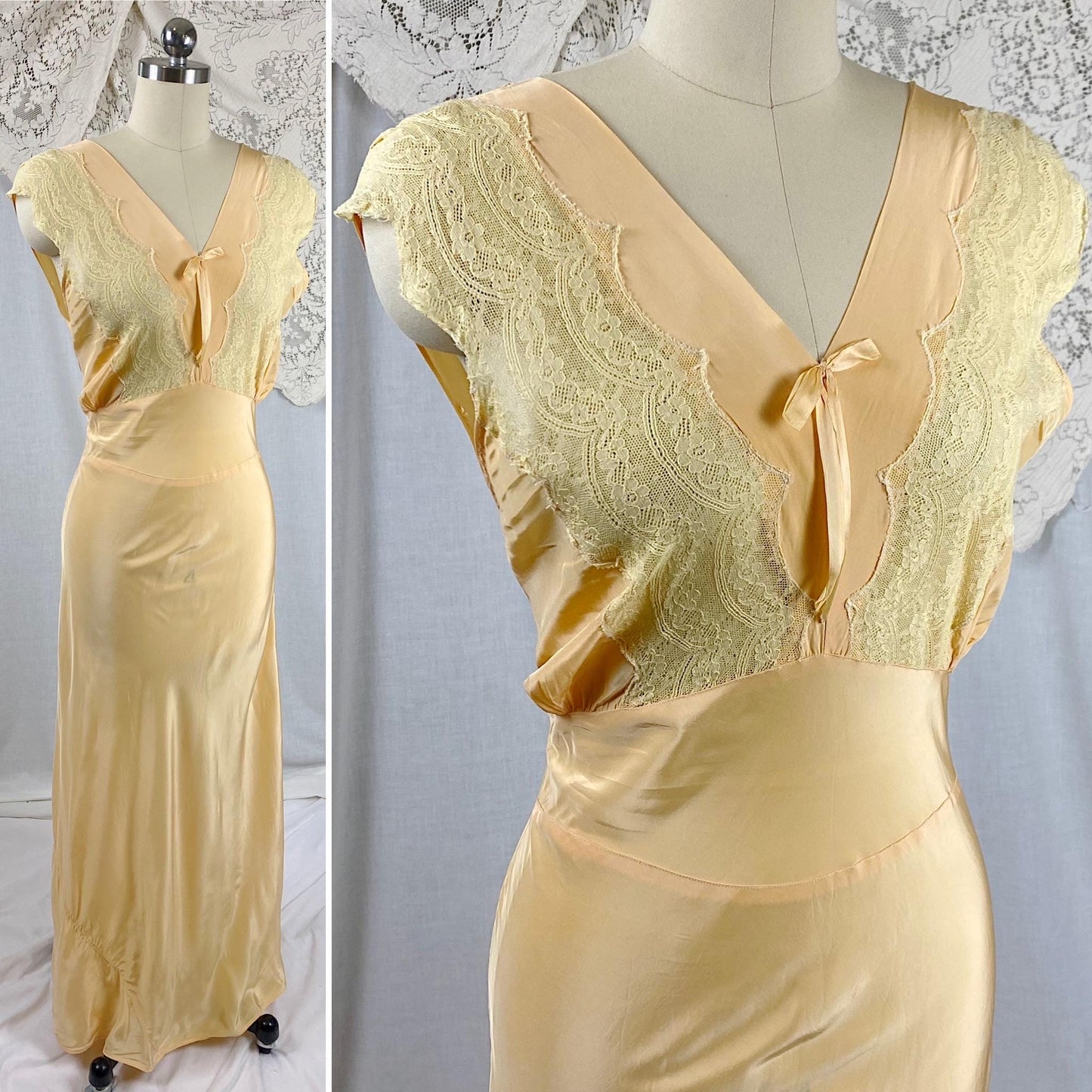 Vintage 1940's Nightgown | Bold Golden Melon Hue Rayon with Scalloped Cotton Lace | Size S, M | By Lady Edso