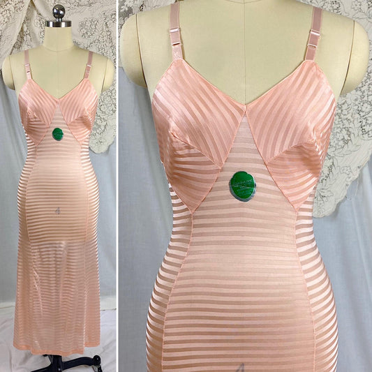 Vintage 1940's Slip | Semi-Sheer Bubblegum Pink Striped Rayon Knit | Size XS | By Lorraine - Never Worn