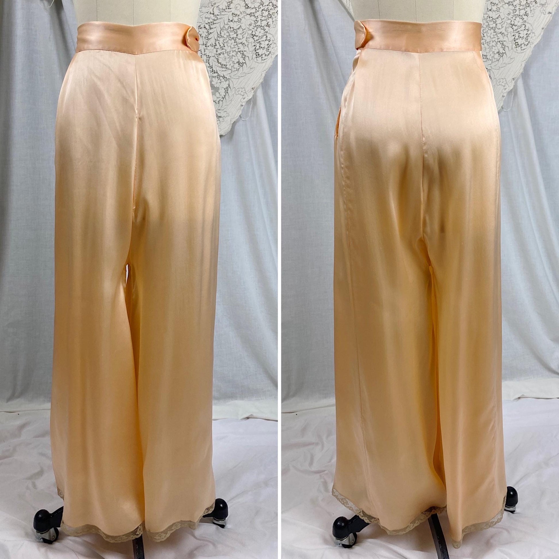 Vintage 1930's Pajama Set | Rose Gold Silk Satin with Deep Nude Lace | Size M, LG | Unworn with Tags