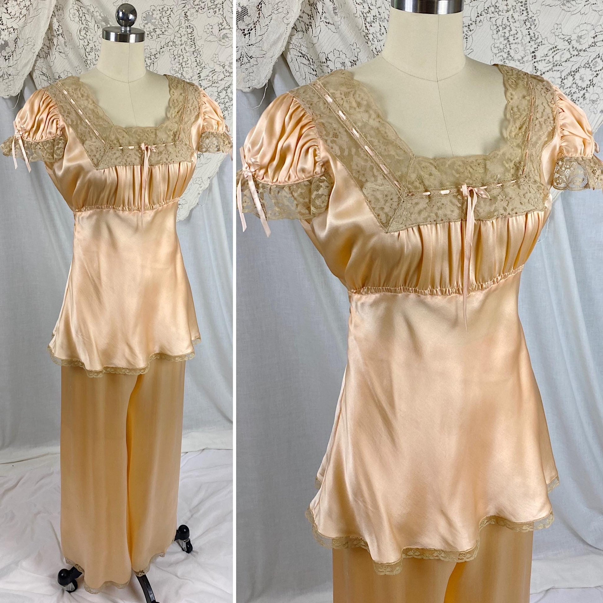 Vintage 1930's Pajama Set | Rose Gold Silk Satin with Deep Nude Lace | Size M, LG | Unworn with Tags