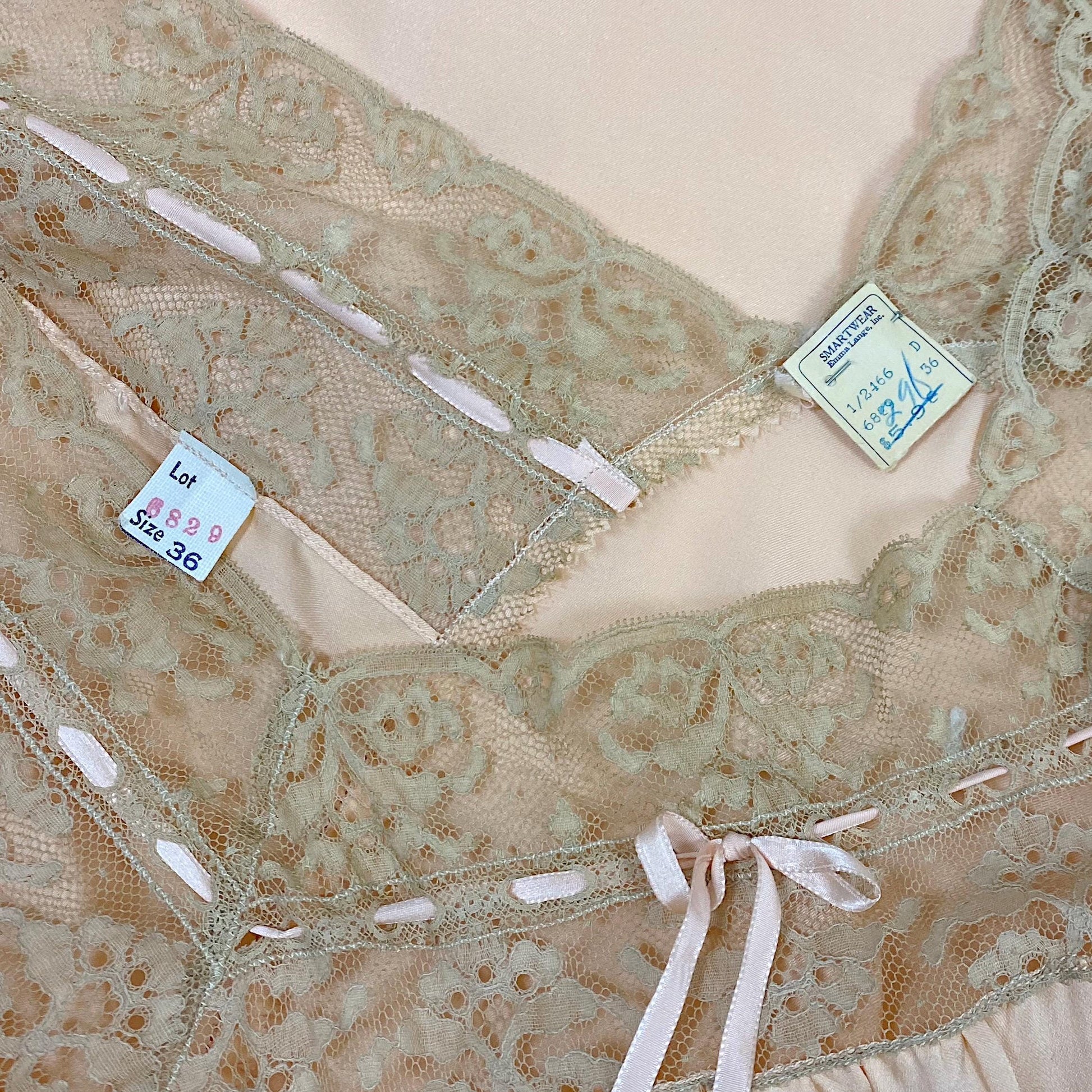 Vintage 1930's Pajama Set | Rose Gold Silk Satin with Deep Nude Lace | Size M, LG | Unworn with Tags