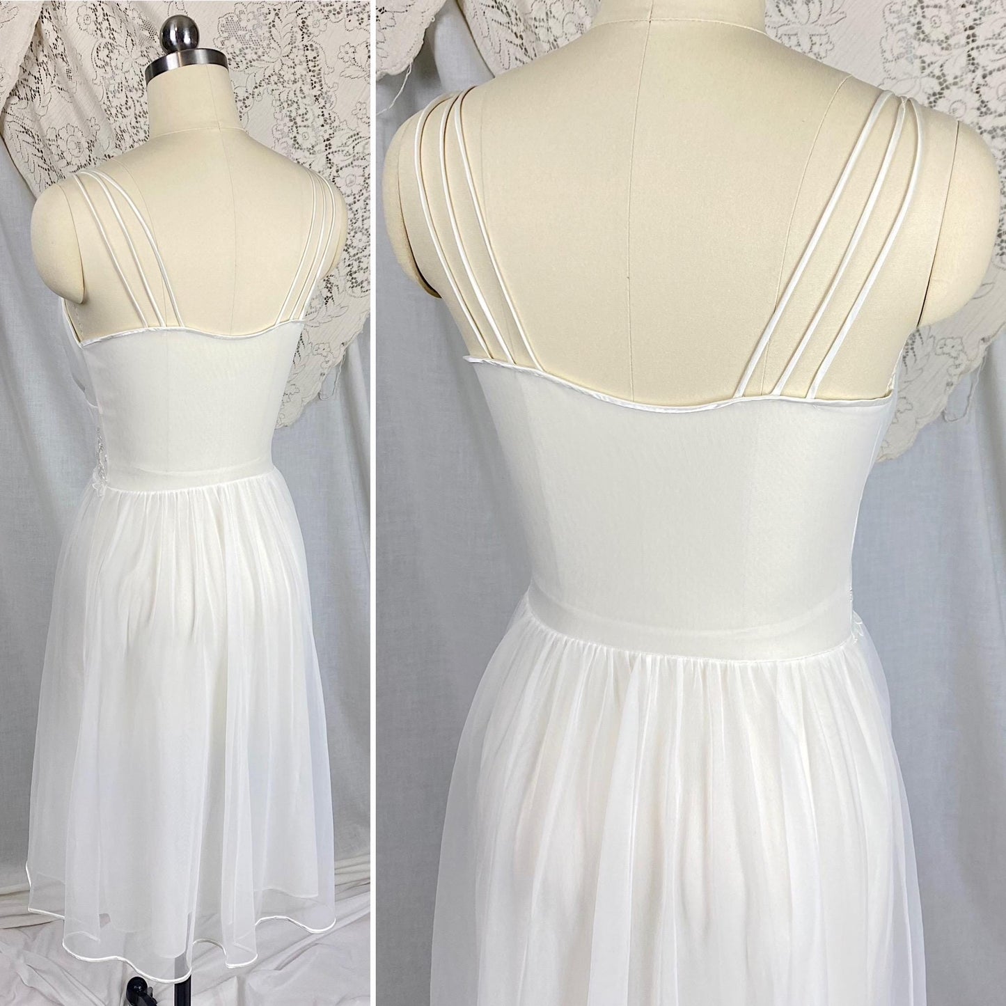 Vintage 1950's - 1960's Nightgown & Peignoir Set | Crisp White Nylon Chiffon with Satin Appliques | Size XS | By Gotham Gold Label
