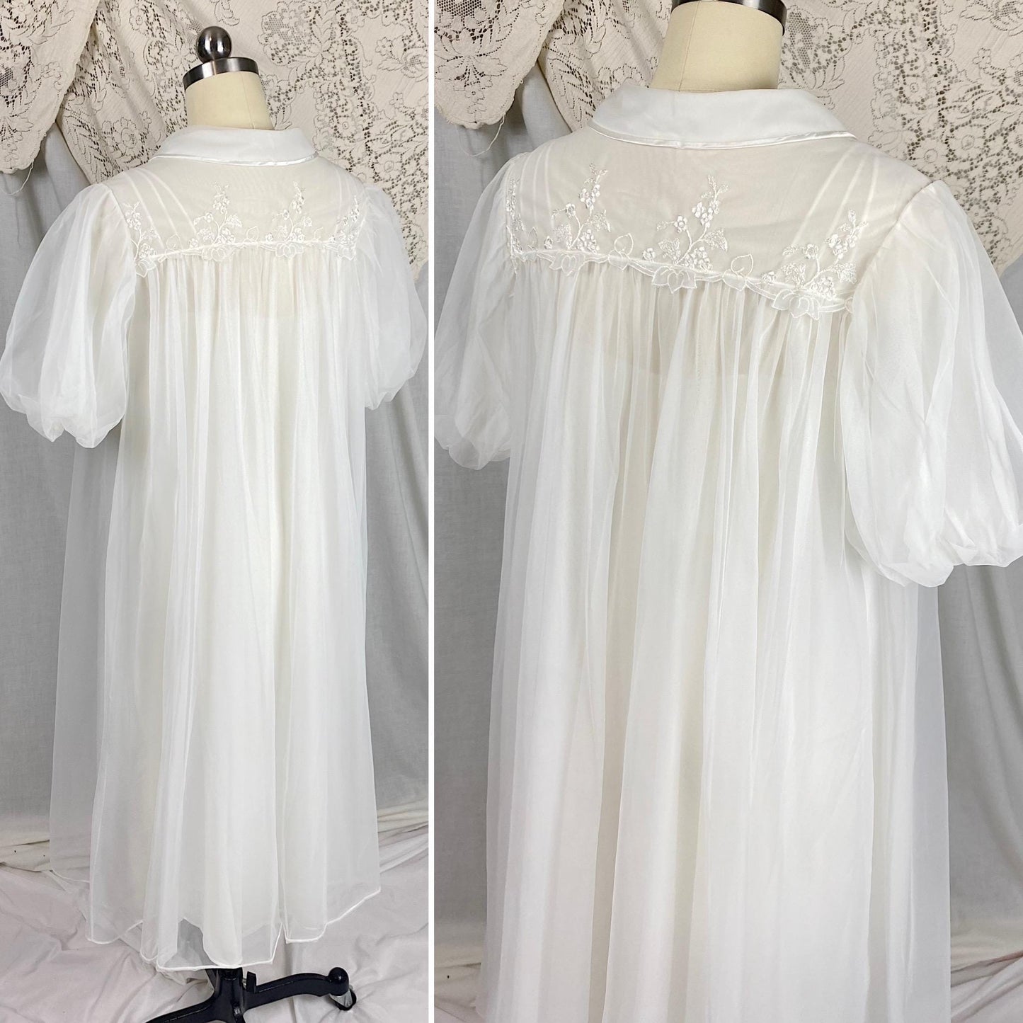 Vintage 1950's - 1960's Nightgown & Peignoir Set | Crisp White Nylon Chiffon with Satin Appliques | Size XS | By Gotham Gold Label