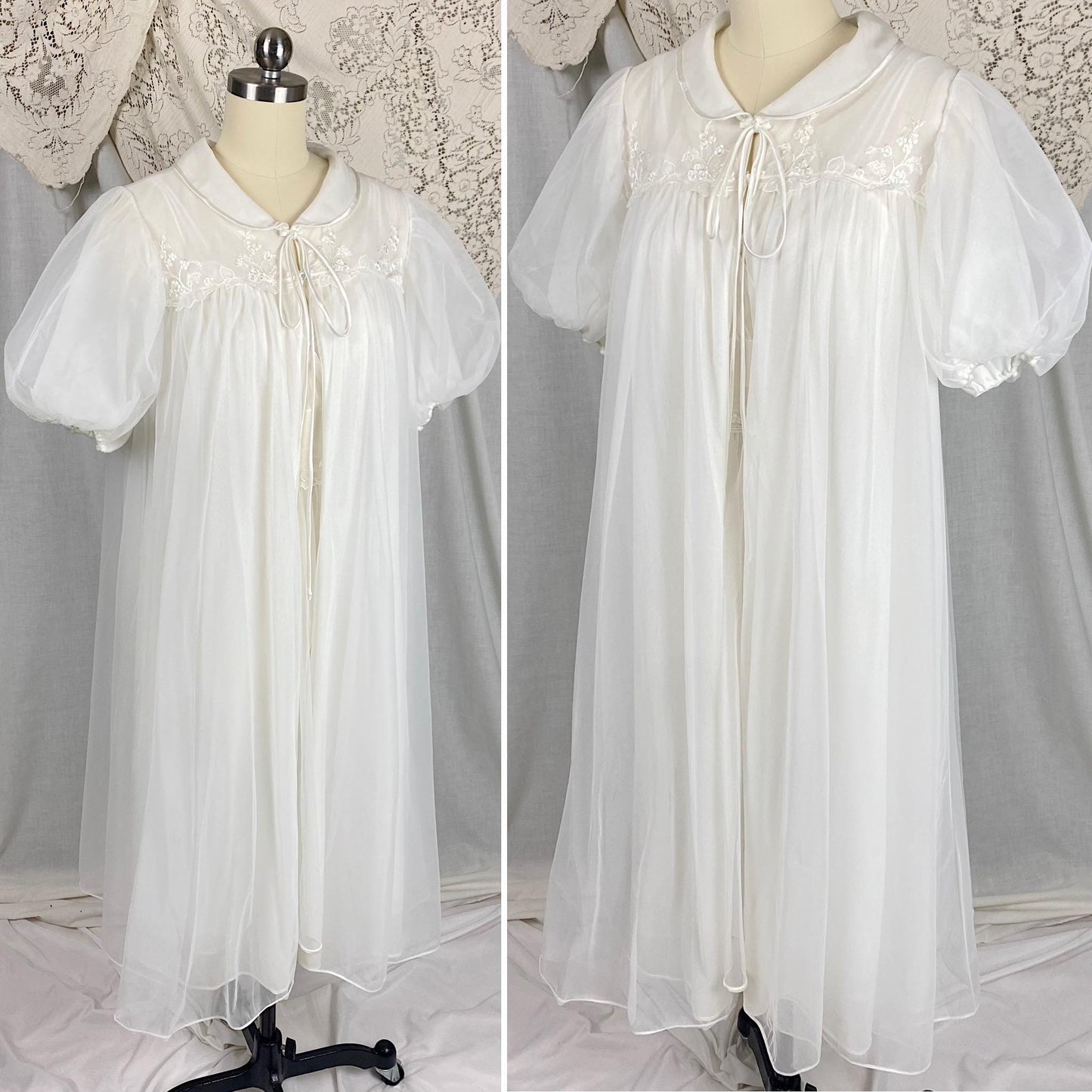 Vintage 1950's - 1960's Nightgown & Peignoir Set | Crisp White Nylon Chiffon with Satin Appliques | Size XS | By Gotham Gold Label