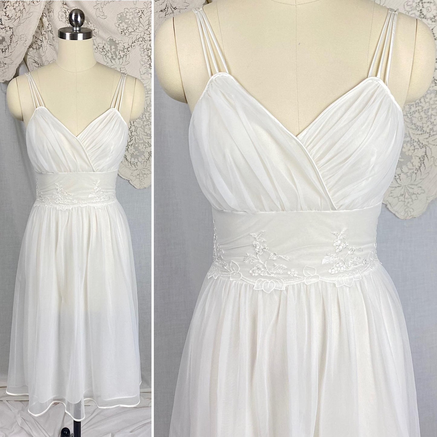 Vintage 1950's - 1960's Nightgown & Peignoir Set | Crisp White Nylon Chiffon with Satin Appliques | Size XS | By Gotham Gold Label