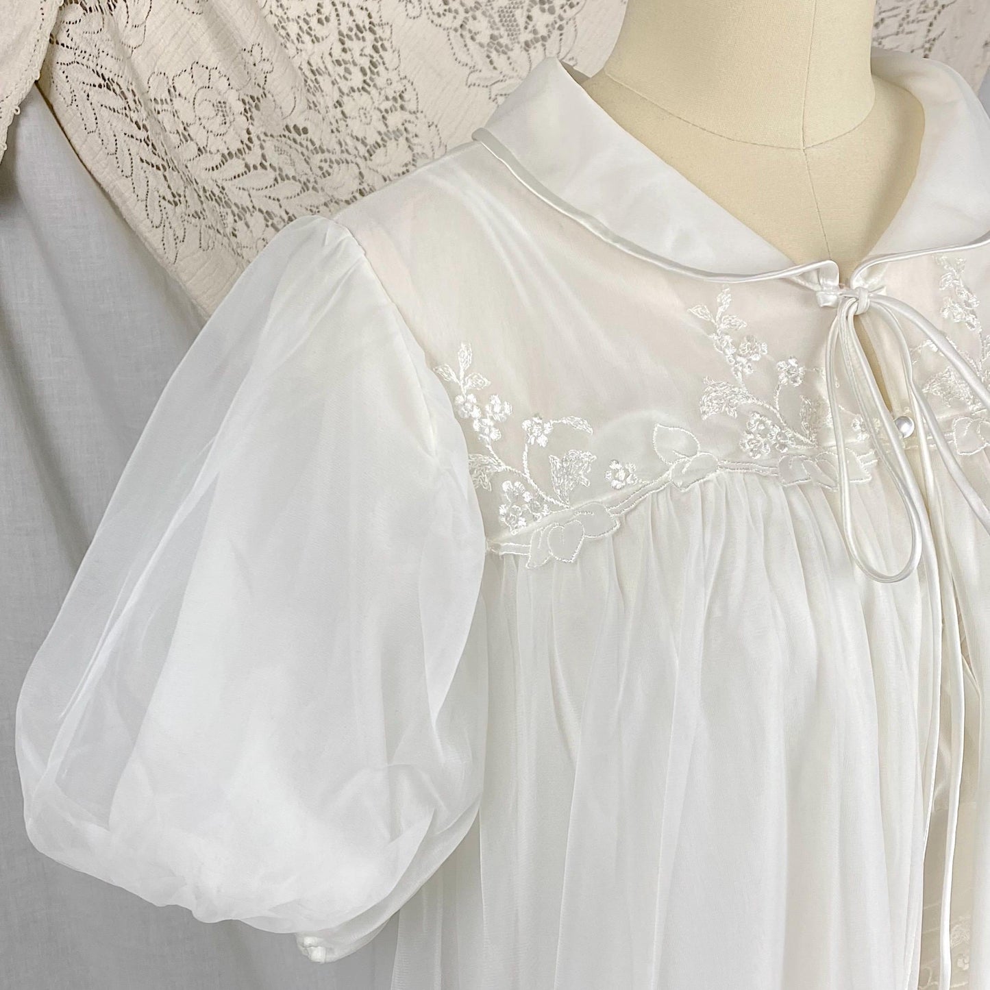 Vintage 1950's - 1960's Nightgown & Peignoir Set | Crisp White Nylon Chiffon with Satin Appliques | Size XS | By Gotham Gold Label